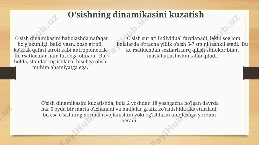 0 grammgacha yetishi mumkin. bilak uzunligini o'lchash to'g'ri natijaga erishish uchun, bola bilagini o'lchashdan oldin, qo'lning to'g'ri holatini ta'minlash muhim, ya'ni bilak butunlay tekis holatda bo'lishi kerak. o'lchov kamida 2 marta takrorlanib, o'rtacha qiymat qayd etilishi tavsiya etiladi. 2-6 yoshgacha bo'lgan bolalarda bilak uzunligini o'lchashda, bola tinch holatda bo'lishi va qo'li tabiiy ravishda osilib turishi kerak. natijalarni yozib olayotganda, o'lchov birliklari (sm) ko'rsatilishi shart. 2-6 yoshgacha bo'lgan bolalarda bilak uzunligini o'lchashda, bola tinch holatda bo'lishi va qo'li tabiiy ravishda osilib turishi kerak. natijalarni yozib olayotganda, o'lchov birliklari (sm) ko'rsatilishi shart. oyoq uzunligini o'lchash oyoq uzunligini o'lchashda, bolaning yoshini va jinsiga mos keladigan o'lchov vositalaridan, masalan, 30 sm gacha bo'lgan uzunlik o'lchagichdan foydalanish muhim ahamiyatga ega. oyoq uzunligini o'lchashda 0,1 sm aniqlik bilan o'lchash tavsiya etiladi, chunki bu ko'rsatkich sog'lom rivojlanishni baholashda muhim rol o'ynaydi va 1 mm xatolik ham muhim farq keltirib chiqarishi mumkin. to'g'ri natijalar olish uchun, bolaning oyoqlarini …