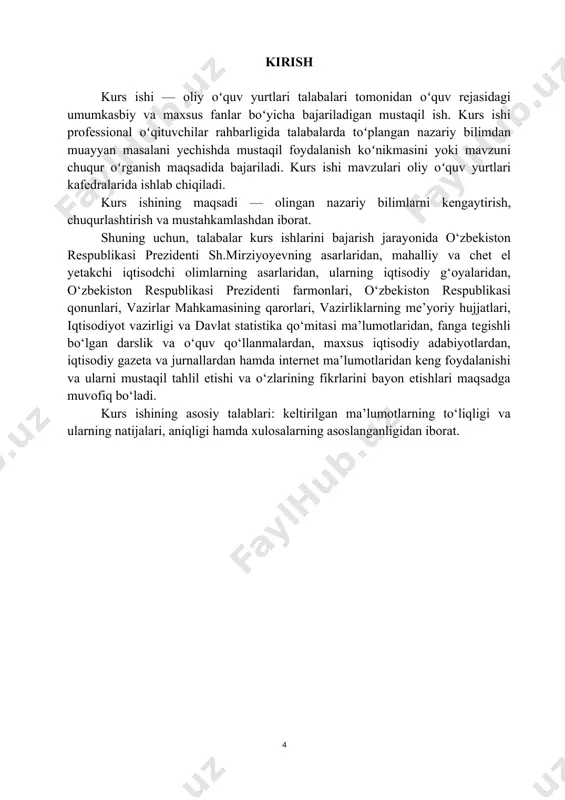 ‘nikmalarini namoyon qila olishi bilan baholanadi. kurs ishini bajarish jarayonida talabalar quyidagilarga e’tibor berishi lozim: · voqelikni o‘rganish va anglashning ilmiy usullaridan boxabar bo‘lish; · mamlakatimizda amalga oshirilayotgan iqtisodiy islohotlar mohiyati va mazmunini chuqur anglash; · iqtisodiy masalalar borasida qabul qilingan prezident farmonlari, vazirlar mahkamasining qarorlari, me’yoriy-huquqiy hujjatlarni o‘rganib chiqish; · ilmiy adabiyotlar va boshqa manbalar orqali o‘rganilayotgan masalaning mohiyatini chuqur anglab yetish; · mustaqil ilmiy-tadqiqotlar olib borish uslubiyoti bilan tanishish; · ishda iqtisodiy tadqiqotlar olib borishning turli usullaridan, ilmiy-tadqiqot muassasalari tavsiyalari, mahalliy va xorijiy adabiyotlardan unumli foydalanish; · ishning ilmiy saviyasi yuqori bo‘lishiga, mavzuning yetarlicha dolzarbligiga e’tibor berish; · o‘rganilayotgan masalani aniq ochib berish, ishda ko‘chirmachilikka, keraksiz va ortiqcha ma’lumotlardan foydalanishga yo‘l qo‘ymaslik; · paragraflar va bo‘limlarning mantiqan bog‘lanishiga e’tibor berish, fikrlarni qisqacha bayon etish orqali ishning hajmi ortib ketishiga yo‘l qo‘ymaslik; · masalani aniq dalillar va raqamlar yordamida tahlil etish, o‘z o‘rnida ishning mazmunidan kelib chiqadigan tavsiyalar va …