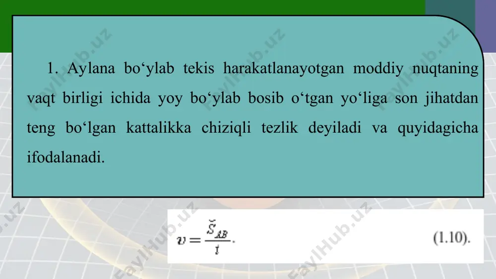 aylana bo‘ylab notekis harakat. burchak tezlanish. tangensial tezlanish 10 - sinf - Page 3