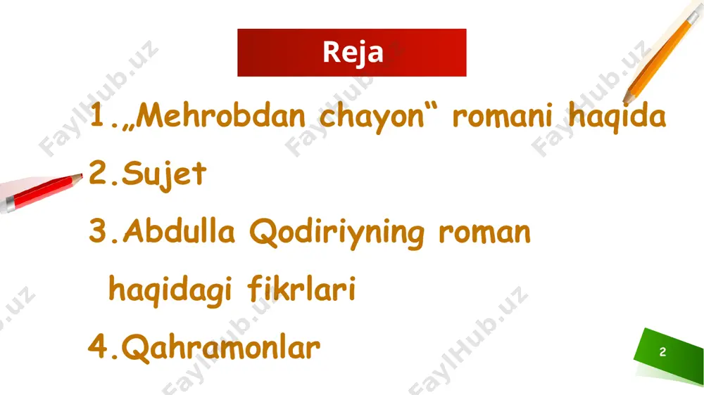 damlardir. adib asar personajlari qismati bilan bogʻliq holda muhim tarixiy hodisalar, shaxslar, sarguzashtlar haqida ham maʼlumot beradi. „mehrobdan chayon“ romanida xonliklar davri zugʻumi muayyan darajada sezilsa ham, adibda goho tarafkashlik mayllari koʻrinadi. adib amalda realizm mavqeida turgan tarixiy haqiqatni mumkin qadar haqqoniy ifodalashga intilgan. romanda muallif yengil hazil-mutoyiba, kulgi-yumor, piching, kinoya-kesatiq, hajv orqali solix maxdum tabiatiga xos „maqtab boʻlmaydigan“ xususiyatlarni batafsil koʻrsatadi. 6 6 7 mehrobdan chayon romani. 1994-yilgi nashrning ichki koʻrinishi abdulla qodiriy 7 mehrobdan chayon (roman) 8 добавить нижний колонтитул 9 abdulla qodiriy muallif bu asarni 1928 yil 15 fevradda tugatgan, 1929 yilda u samarqandda bosilgan. romanda ikki yosh — anvar va ra’noning muhabbati, visoli yo‘lidagi xilma-xil mojarolar qalamga olinadi, shu mojarolar jarayonida asar personajlarining bor bisoti-qismati, xarakteri, ruhiy olami namoyon bo‘ladi.«mehrobdan chayon» romanidagi «qo‘rqinch bir jasorat» anvarning sultonalini qutqarish uchun xudoyorxon huzuriga kelishi edi. bu holat asarda quyidagicha tasvirlangan: «shunda o‘rda arbobi bukun peshindan bir oz ilgariroq …