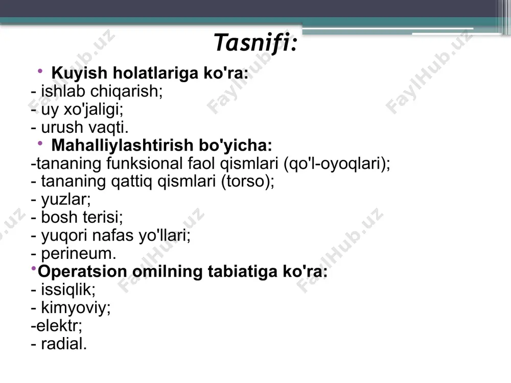 iteliya) ta'sir qiladi. bu terining qizarishi, engil shish va og'riq sifatida namoyon bo'ladi. 2-4 kundan keyin tiklanish sodir bo'ladi. o'lik epiteliy yo'qoladi va hech qanday zarar iz qoldirmaydi. ikkinchi daraja . germ qatlamigacha (dermisning yuzaki qatlamlari) keratinlashtiruvchi epiteliy shikastlangan . seroz tarkibli kichik pufakchalar hosil bo'ladi. ular 1-2 hafta ichida saqlanib qolgan mikrob qatlamidan regeneratsiya tufayli to'liq davolanadi. uchinchi daraja . epidermis va dermisning barcha qatlamlari ta'sirlanadi. uchinchi a darajasi . dermis qisman ta'sirlangan (germ zonasigacha), yaraning pastki qismi qolgan epiteliya elementlari (yog ', ter bezlari, soch follikulalari) bilan dermisning buzilmagan qismidir. kuyishdan so'ng darhol qora yoki jigarrang qoraqo'tirga o'xshaydi. seroz-gemorragik tarkibga ega, termoyadroviyga moyil bo'lgan katta pufakchalar paydo bo'lishi mumkin. og'riq sezuvchanligi pasayadi. agar kuyish infektsiya bilan murakkab bo'lmasa va jarohatning ikkilamchi chuqurlashishi sodir bo'lmasa, terining sirtini mustaqil ravishda tiklash mumkin. uchinchi b darajasi . teri osti yog'iga qadar terining umumiy o'limi. to'rtinchi daraja. pastki to'qimalarning o'limi, mushaklarning, suyaklarning, …