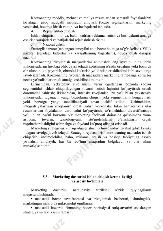 ari to’plamini tahlili asosida ishlab chiqilgan asosiy hujjat hisoblanadi. mahsulot bo’yicha marketing quyidagi maqsadlarga ega: · mahsulotni optimal texnik-iqtisodiy ko’rsatkichlarini ishlab chiqish; · mahsulotni ishlab chiqish va sotish samaradorligini ko’p variantli hisob-kitobini o’tkazish; · yangi (takomillashgan) tovar ishlab chiqarish rentabelligini va zarurligini asoslash; · chiqarilayotgan mahsulot hajmini natural va qiymat birligida belgilash; · iste’molchilarni maqsadli bozorda ko’zlagan maqsadlarini hisobga olgan holda har bir tovar bo’yicha sifat ko’rsatkichlarini o’rnatish; · har bir mahsulotni integral baholash (xarajatlari, narx va foydani solishtirish); · maqsadli bozorda raqiblarning mavjud o’xshash tovarlarini hisobga olgan holda har bir tovar bo’yicha raqobatbardoshlik darajasini hisoblash. 0. maqsadli dastur yondoshishi – marketing dasturining uslubiy asosidir marketing dasturlarini ishlab chiqishda maqsadli yondashish uslubiga asosan korxonaning mo’ljallangan maqsadiga erishish va uni bajarilishini nazorat qilish resurslari va tadbirlari tizimi shakllantiriladi. korxona (firma)ning marketing dasturi (biznes rejasi) tarkibi quyidagichadir: 1. korxonaning imkoniyatlari tahlili(holatli tahlil) faoliyati, shart-sharoitlari resurslari, samarali natijaga erishish yo’nalishlari. korxonaning ichki va …