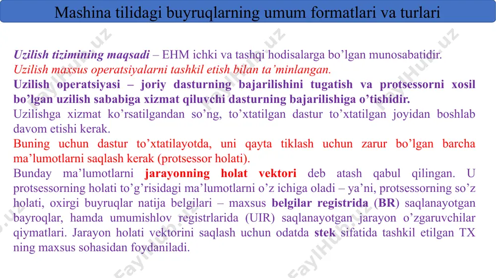 mikasi asosida amalga oshiriladi: tezkor oqimlarga yuqori ustivorliklar belgilanadi. masalan, noto’g’ri (korrekt bo’lmagan) darajasiga asoslanib: apparatdagi noto’g’rolik (ishlamay qolishi) dastrudagi noto’g’rilikdan farqli o’laroq avval unga xizmat ko’rsatilishi kerak. noto’g’ri dasturni hisobdan olib qo’yib va boshqa dasturga xizmatni boshlash mumkin. apparatning ishlamay qolishi ixtiyoriy dasturni bajarilishini imkonsiz qiladi. shuning uchun, ishlamay qolishga javob (reaksiya) dasturiy nosozliklar va uzilishlarning boshqa sabablaridan ustun bo’lishi kerak. ustivorlik tizimining oddiy sxemasi. ixtiyoriy niqoblanmagan (maskalanmagan) uzilish signalini olgandan so’ng, protsessor joriy dasturning bajarilishini to’xtatadi va hakam (arbitr) uzilishga so’rov yuborgan manbani izlashni boshlaydi. qidiruv ustivorlikning kamayish tartibida eng yuqori ustivorlikka ega manbadan boshlab belgilangan ustivorliklar tartibida amalga oshiriladi. bitta ishlov berish dasturini boshqasi bilan to’xtatish imkoniyatiga nisbatan ustivor uzilish tizimlarining harakati uchun ikkita sxema mavjud. birinchisi – nisbiy ustivorlikli (nu) sxema bo’yicha xizmat. ikkinchisi – absolyut ustivorlikli (au) boyicha xizmat. nu holatida uzilish signaliga berilgan ustivorlik nisbiy, ya’ni, har doim ham harakat qilmaydi, lekin faqat bir …