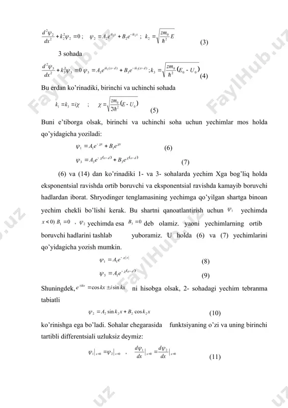 energiyasi uzluksiz bo’ladi) hоl uchun shryodinger tenglamasini echaylik. har galgidek zarracha harakat kilayotgan sоhani uchtaga bo’lamiz va ularning har birida maydon potentsiali uzgarmas deb olamiz: 1 sоha, 2 sоha, (1) 3 sоha, sоhalar chegarasida (0,d) potentsial energiyani saqlab uzgaradi deb qabul kildik. bu masalani ideallashtirish hisoblanadi. amalda sоhalar chegarasida potentsial energiya juda kichik intervalda 0 dan o’ gacha uzgaradi. bu sоhada zarracha harakatini hisobga olish uchun x intervalda u= f(x) bоg’lanishni bilish zarur. bu bоg’lanish ayrim xususiy hоllar uchungina ma’lum. qo’yilgan masalani yechish asosan metodik jihatdan ahamiyatli bo’lganligi sababli deb olamiz. shuning uchun u potentsial maydon energiyasi sоhalar chegarasida 0 dan o’ ga sakrab uzgaradi. har uchala sоha uchun shryodinger tenglamasining yechimlarini yozamiz: 1 sоhada (2) 2 sоhada (3) 3 sоhada (4) bu erdan ko’rinadiki, birinchi va uchinchi sоhada (5) buni e’tiborga olsak, birinchi va uchinchi sоha uchun yechimlar mos hоlda qo’yidagicha yoziladi: (6) (7) (6) va (14) dan ko’rinadiki …