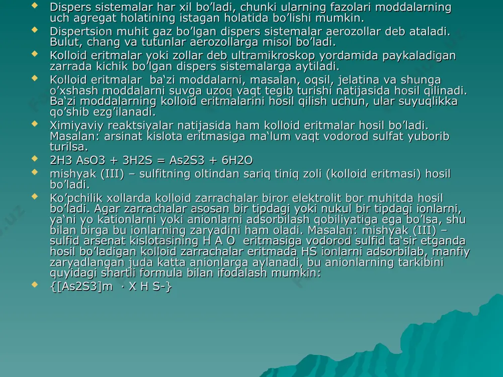 jasida erish protsessi boshlanadi. masalan: nacl - - > na+ + cl- h2o - - > h+ + oh- erish vaqtida erish protsessiga karshi kristallanish protsessi ham sodir bo’ladi. tarkibida erimay qolga modda erigan modda bilan muvozanat holatida bo’lgan eritmalar toyingan eritmalar deyiladi. moddaning biror erituvchida eriy olish xususiyati shu moddaning eruvchanligi deb ataladi. moddalarning eruvchanligi t, p, erituvchining tabiatiga bog’liq. gazlarning suyuqliklarda eruvchanligi genri qonuni bilan ifodalanadi. bu qonunga muvofiq o’zgarmas temperaturada ma‘lum hajm suyuqlikda erigan gazning massasi shu gazning bosimiga tug’ri proportsional bo’ladi. m=k p m – gazning massasi r - gazning bosimi k - propor koeffi-i. qattiq jismlarni eruvchanlikni egri chiziqlar bilan ifoda­lanadi. eruvchanlik temperaturaga, kontsentratsiyaga bog’liq. eritmalarning xossalari. eritmalarning xossalariga osmos bosim, eritmalarning bug’ bosimi, diffuziya, muzlash va qaynash temperaturalari kiradi. bir modda zarrachalarining ikkinchi modda ichida uz-uzicha taqsimlanish protsessi diffuziya deyiladi. agar erituvchi bilan eritma o’rtasiga yarim o’tkazgich parda qoysak, bu parda orqali erituvchi eritmaga …