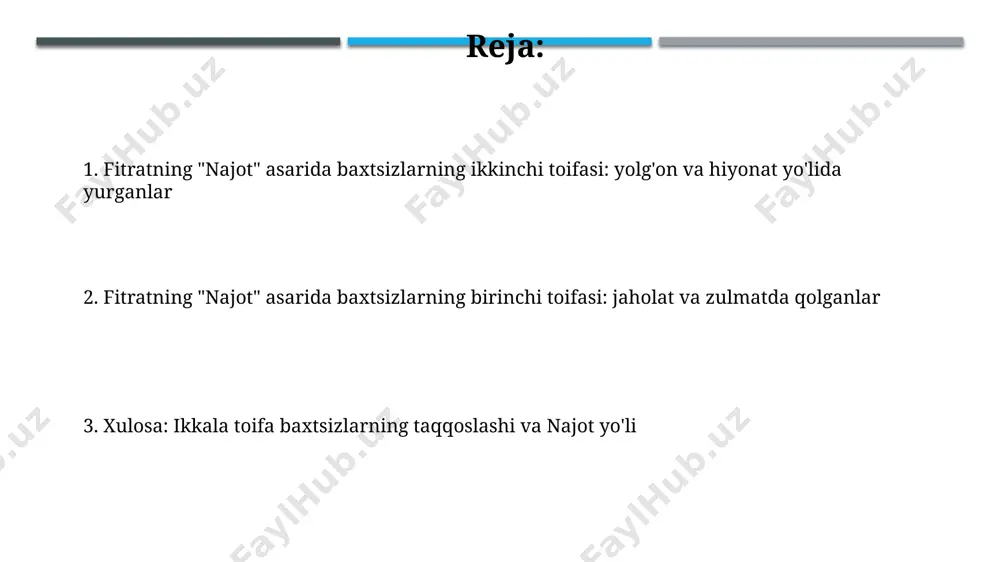 : dunyoviy lazzatlarga berilib ketganlar fitratning ta’kidlashicha, bunday odamlarning 70% dan ortig'i qalb qorong'uligiga tushib qolish xavfi ostida bo'ladi, chunki ularning hayot maqsadi faqatgina dunyoviy ne’matlarni to’plashdan iborat. ushbu toifadagi shaxslarning insonlar bilan munosabatlarida 2 xil yondashuv kuzatiladi: birinchisi – o’z manfaatlarini ta’minlashga qaratilgan hisob-kitob, ikkinchisi esa qo’pollik va adolatsizlik. xulosa va xulosalar asarda keltirilgan 12 ta misollar orqali muallif 2 guruhdagi baxtsizlarning turmush tarzini, axloqiy qarashlarini va kelajak istiqbollarini solishtirib, 3 ta xulosa chiqaradi. fitrat "najot" asarida 2 ta asosiy guruhdagi baxtsizlarni taqqoslash orqali 7 ta muhim ijtimoiy muammoni yoritib beradi, bu esa xulosalarning chuqur tahliliy xususiyatini namoyon etadi. dunyoviy lazzatlarning aldamchi tabiati "najot"da 7 ta g'oya dunyoviy lazzatlarning o'tkinchiligini va insonning ruhiy poklanishiga to'sqinlik qilishini ko'rsatadi, bu esa 2 ta turdagi baxtsizlikka olib kelishini tasvirlaydi. fitrat, "najot"da dunyoviy lazzatlarning 3 ta asosiy turini – boylik, hokimiyat va shahvoniy zavqlarni qisqa muddatli va aldamchi ekanligini ta'kidlaydi. fitratning "najot" asariga …
