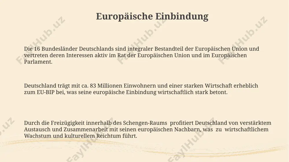 nden unterhalb einer bestimmten einwohnerzahl erhalten oft finanzielle unterstützung vom land, um die kommunale infrastruktur, wie schulen und straßen, zu erhalten. die bundesrepublik deutschland besteht aus über 10.000 städten und gemeinden, die sich in stadtkreise und landkreise gliedern, wobei die zuständigkeiten zwischen ihnen klar definiert sind. tourismus über 50% der deutschen tourismus-einnahmen generieren die bundesländer bayern und baden-württemberg, unterstreichend ihre bedeutung als wichtige reiseziele. die anzahl der touristischen betten in deutschland beläuft sich auf über 2 millionen, verteilt auf diverse kategorien wie hotels, pensionen und campingplätze. deutschlands tourismusbranche erwirtschaftete 2019 über 412 milliarden euro umsatz, wobei die übernachtungen von internationalen gästen einen erheblichen anteil ausmachten. rechtssystem deutschlands rechtssystem basiert auf dem bgb (bürgerliches gesetzbuch) von 1896 und ist ein zivilrechtliches system, das sich durch kodifikation und ein hierarchisches normensystem mit bundes- und landesrecht auszeichnet. neben den ordentlichen gerichten existieren 12 verfassungsgerichte auf bundes- und landesebene zur überprüfung der verfassungsmäßigkeit von …
