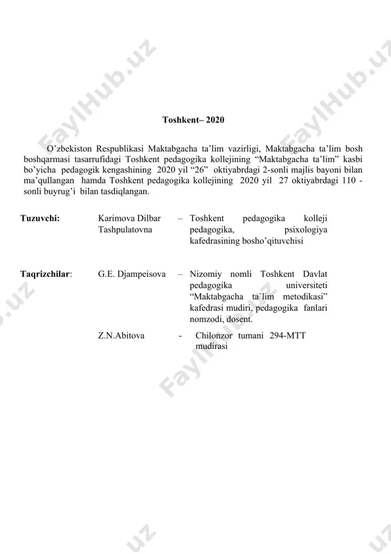 ili asosida baholash tartibi joriy baholash tartibiga asoslanib o’quvchilarning bilim va ko’nikmalarini baholash og’zaki, yozma, test, individual va amaliy topshiriqlar bajarish 2. o’quv dasturi mazmuni t/r mavzuning nomi mavzuning qisqacha mazmuni jami o’qitishning tashkiliy shakli mustaqil talim i-bo’lim. kirish: 1 ta`limni moderenezatsiyalash sharoitida maktabgacha ta`lim yoshidagi bolalarda matematik tushunchalarni rivojlantirish metodikasining nazariy asoslari. nazariy mashg`ulot: fanning maqsadi, mohiyati va vazifalari. bolalarni matematik tasavvurlarini shakllantirish nazariyasi va metodikasi haqida tushuncha. amaliy mashg`ulot:rivojlanishning ilk pog’onalarida matematik tasavvurlarning kelib chiqish tarixi, son-sanoq va boshqa matematik tasavvurlarni inson ongida qanday shakllanganligini; matematik bilimlarning xozirgi kundagi axamiyati. bolalarni maktab ta’limiga tayyorlashda aqliy rivojlantirish ishlarini ahamiyati. 2 na 2 2. “o`zbekiston respublikasining ilk va maktabgacha yoshdagi bolalar rivojlanishiga qo`yilgan davlat talablari” va “ilk qadam” davlat o`quv dasturi. nazariy mashg`ulot: bolalarning matematik tasavvurlarni shakllantirishda“o`zbekiston respublikasining ilk va maktabgacha yoshdagi bolalar rivojlanishiga qo`yilgan davlat talablari”ning mazmun mohiyati. amaliy mashg`ulot: “o`zbekiston respublikasining ilk va maktabgacha yoshdagi bolalar rivojlanishiga qo`yilgan …