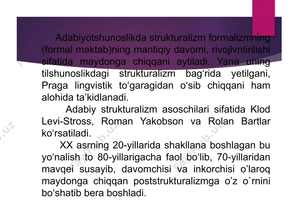 ularning har birini alohida ko‘rib chiqish, ayni tekstning san’at asari bo‘lishini ta’minlayotgan ob’yektiv jihatlarni tadqiq etish zarur. olim matnni struktur tahlil qilishning bir qator umumiy qoidalarini qayd etadi: struktura tushunchasi eng avvalo sistem butunlik mavjudligini nazarda tutadi. o‘rganilayotgan hodisada strukturaviy (tizimga kiruvchi) va strukturadan tashqari elementlarni ajratish kerak. matn iyerarxik hodisa. matn ichki tashkillanishining iyerarxikligi ayni paytda strukturaviyligining muhim belgisidir. tekst va struktura bir-birini shartlantiradi va faqat ayni shu o‘zaro munosabatda reallik kasb etadi. image1.jpeg /docprops/thumbnail.jpeg