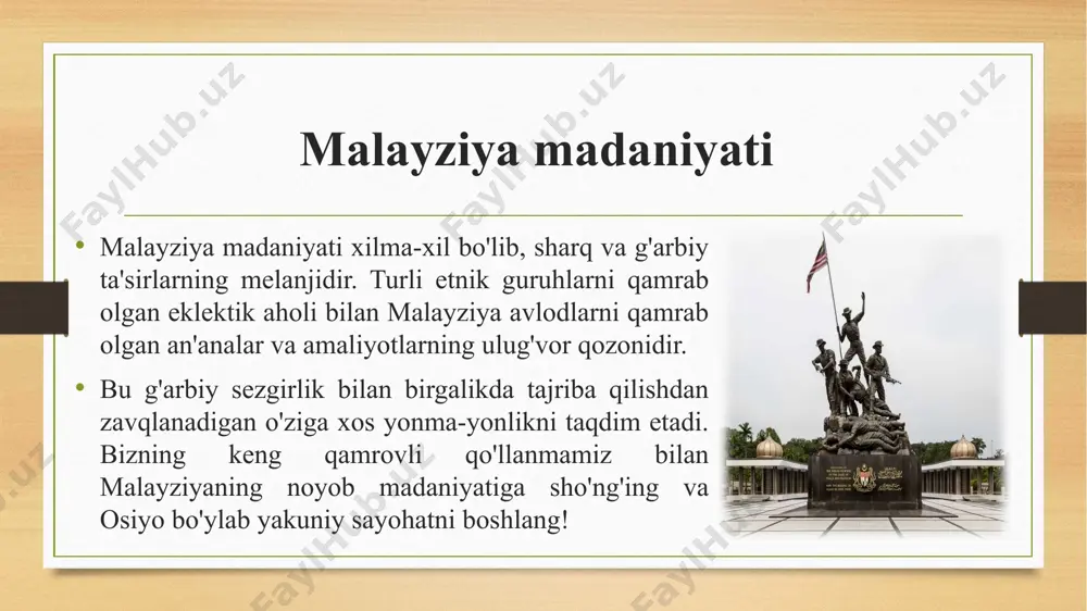 t beradi. malayziyadagi din malayziya asosan musulmon xalqi bo'lsa-da - islom milliy din - mamlakatda diniy xilma-xillik rivojlanmoqda. musulmonlar, hindular, buddistlar, nasroniylar va xitoylik mahalliy dinlarning amaldorlari mamlakatda tinch-totuv yashashadi. ma'badlar, masjidlar, buddistlar ziyoratgohlari, xitoy ibodatxonalari va cherkovlarining alohida cho'ntaklar va mahallalari bilan malayziya madaniyatida tinchlik va osoyishtalikni topish mumkin bo'lgan bir nechta ibodat joylari mavjud. shuni ta'kidlash kerakki, mamlakatda etnik malay aholisiga majburiy islom joriy etilgan, boshqa guruhlar esa o'zlari tanlagan dinga e'tiqod qilishlari mumkin. malayziya arxitekturasi malayziyada turli etnik guruhlarning mavjudligi hayratlanarli me'moriy uslublarni taklif etadi - mustamlakachilik davridan oldingi yog'ochdan yasalgan malay tuzilmalari va islomiy masjidlardan tortib, viktoriya va gollandiya yodgorliklari va futuristik osmono'par binolargacha. kuala-lumpurda petronas minoralari joylashgan - dunyodagi eng baland egizak minoralar - bu tashrif buyurish shart! malayziyada qonun va tartib shariat qonuni malayziyadagi musulmonlarni boshqaradi - bu musulmonni spirtli ichimliklar ichish kabi qonunlarni buzishga undash jazolanishini anglatadi. spirtli ichimliklarni mast holda haydash darhol …