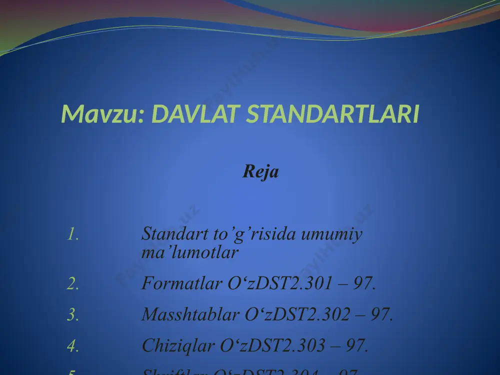 y formatlar hamda ularning belgilanishi quyidagi 1– jadvalda keltirilgan. format belgisi a0 a1 a2 a3 a4 format oʻlchamlari mm 841x1189 594x841 420x594 297x420 210x297 asosiy formatlar hamda ularning olchamlari masshtablar oʻzdst2.302 – 97. 2.2. masshtablar. mashina va mehanizmlar, ularni tashkil etuvchi qismlari va detallarini chizmalarda haqiqiy oʻlchamlarida tasvirlashni imkoni boʻlmaydi. ularning chizmalarini kichraytirish, ayrim kichik detallarini esa kattalashtirib bajarishga toʻri keladi. barcha hollarda, agar iloji boʻlsa, buyumni oʻzining haqiqiy oʻlchamida tasvirlash maqsadga muvofiq boʻladi, bunday tasvirda buyumni tasavvur etish osonlashadi. chizmalarda buyumlarni ixtiyoriy ravishda kichraytirib yoki kattalashtirib tasvirlash mumkin emas. buyum tasvirini chiziqli oʻlchamini uning haqiqiy oʻlchamiga nisbati buyumning masshtabi deb ataladi. sanoatning barcha tarmoqlari va qurilishlarda ajariladigan chizmalarning tasvirlash masshtablari o`zdst2.302 – 97 da belgilab qoʻyilgan. standartda masshtablarning quyidagi qatorlari qabul qilingan: haqiqiy oʻlcham masshtabi 1:1. kichraytirish masshtablari: 1:2, 1:2,5, 1:4, 1:5, 1:10, 1:15, 1:20, 1:25, 1:40, 1:50, 1:75, 1:100, 1:200, 1:400, 1:500, 1:800, 1:1000 kattalashtirish masshtablari: 2:1, 2,5:1, …