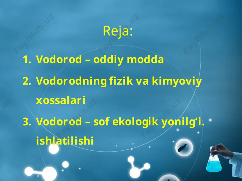 ikasida ishlatiladi, reaktiv texnikada eng qulay samarador yonilg‘i sifatida qo‘llanadi. atom energiyasini olishda, ilmiy izlanishlarda vodorod katta ahamiyatga ega. image2.jpeg image3.jpeg image4.png image5.jpeg image6.jpeg image7.jpeg image8.png image9.jpeg image10.jpeg image11.jpeg image12.jpeg image13.jpeg image14.jpeg image15.jpeg image16.jpeg image17.jpeg image18.jpeg image19.jpeg image20.jpeg image21.jpeg image22.jpeg image23.jpeg image24.png image25.jpeg image1.jpeg
