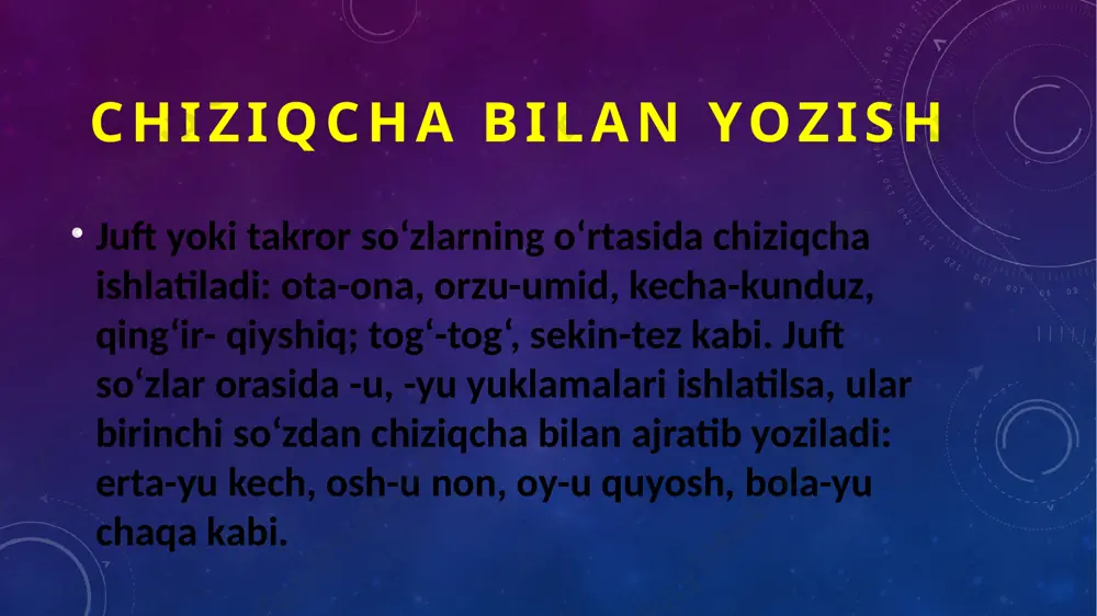 h, kam, umum, rang, mijoz, sifat, talab kabi so‘zlar yordamida yasalgan qo‘shma so‘zlar qo‘shib yoziladi: oshxona, tabriknoma, bedapoya, hammabop, xushbichim, hamshahar, qo‘ymijoz, maymunsifat, kamhosil, umumdavlat, bug‘doyrang va h.k. qo‘shib yozish -r, -ar, -mas qo‘shimchasi bilan yasalgan qo‘shma so‘zlar qo‘shib yoziladi: o‘rinbosar, buzoqboqar, ertapishar, ishyoqmas kabi. narsani boshqa bir narsaga qiyoslash orqali hosil qilingan qo‘shma otlar va sifatlar qo‘shib yoziladi: toshbaqa, oybolta, qo‘yko‘z, sherdil, otquloq singari. narsaning rangi, nazasi, nima uchun mo'ljallanganligi kabi ma'nolarni bildiruvchi qo'shma so'zlar qo'shib yoziladi: ko‘ksulton, oqbosh achchiqtosh ko‘zoynak suvilon kabi. ikkinchi qismi turdosh ot yoki obod so‘zi bilan yasalgan joy nomlari qo‘shib yoziladi: oqtepa, uchqo‘rg‘on, davlatobod, xo‘jaobod kabi, lekin markaziy osiyo, ko‘hna urganch, g‘arbiy yevropa kabi joy nomlari ajratib yoziladi. ruscha, baynalmilal yoki tarjima qilingan qo‘shma so‘zlar qo‘shib yoziladi: telestudiya, fotoapparat, radioto‘lqin, etektrarra kabi. qisqartma so‘zlar har doim qo‘shib yoziladi: o‘zmu, toshdpu. e’tiboringiz uchun rahmat! image2.png media1.mp3 image4.png image3.png äåòñòâî (childhood) äåòñòâî (childhood) sulton ali , …