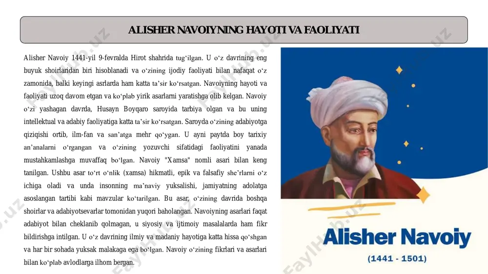 - quvvatlagan. u o‘z davrida madaniyat, ilm-fan va sanʼatga katta eʼtibor qaratgan. husayn boyqaro saroyida ko‘plab mashhur shoirlar, ilmiy kishilar va sanʼatkorlar jam bo‘lib, ilmiy muhitni rivojlantirishga hissa qo‘shgan. navoiy husayn boyqaroning homiyligidan unumli foydalanib, o‘zining adabiy faoliyatini davom ettirgan. boyqaro va navoiy o‘rtasidagi yaqin aloqalar, albatta, navoiyning ijodiy yuksalishiga katta taʼsir ko‘rsatgan. boyqaroning qo‘llab- quvvatlashi navoiyga adabiyotda o‘z o‘rnini topishda yordam bergan. sayyid amir kulol sayyid amir kulol — mashhur shoir va mutafakkir bo‘lib, alisher navoiy bilan yaqin adabiy aloqada bo‘lgan. u o‘z zamonining yirik ilmiy va adabiy shaxslaridan biri bo‘lib, navoiyga adabiy maslahatlar bergan va uning ijodini yuqori baholagan. sayyid mir kulol, shuningdek, o‘zining falsafiy va maʼnaviy qarashlari bilan tanilgan va navoiy ijodiga taʼsir qilgan. ushbu o‘zaro aloqalar navoiy uchun ilmiy va adabiy rivojlanishda muhim omil bo‘lgan. sayyid mir kulolning o‘zi ham o‘zining asarlarida insonning maʼnaviy o‘sishi va adolatni targ‘ib qilgan. bu o‘zaro taʼsir, navoiyning shaxsiy rivojlanishi va …
