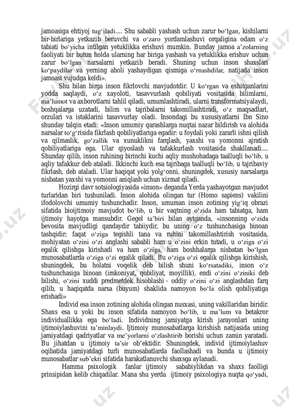 ularni odamning o„zi yaratishi vositasida erishib bo„lmaydi. inson yovuz tabiatga ega. insondagi ezgulik manfaatlar uchun orttirilgan fazilatdir. o„ozirgi inson tug„ilishidan boshlab foyda olishga intiladi. bu shunga olib keladiki, kishilar o„zaro raqobatlashadilar va bir-birlariga yon bermaydilar. shuning uchun ham tarbiya yo„li bilan inson tabiatini o„zgartirish, yaratilgan qoidalar asosida ta‟lim berib, ularni adolatlilikka va mas‟uliyatlilikka o„rgatish lozim.» abu nasr forobiy «falsafatu aristutolis» («arastu falsafasi») asarida qadimgi yunon olimining inson haqidagi fikrlarini quyidagicha sharhlagan edi: «arastu insonda, qayvonlarda bo„lmagan boshqa imkoniyatlar, ruh va ruhiy kuchlardan paydo bo„lolmaydigan sabab va asoslarni topadi. inson tabiati va unda mavjud bo„lmish tabiiy kuchlarni tushuntirish borasida ular, faqat ruh faoliyati (harakatlari, ta‟sirlari) ga qaraganda yuksakroq faoliyat (harakatlar) uchun moslashganlar, degan fikrga keladi...» bu o„rinda arastu, nega bunday bo„lishini o„rganishga majbur bo„ldi va inson nutq egasi ekanligini topdi, nutq esa aql bilan bog„liqdir.... aqlning holati xuddi ruh va uning tabiiy holati kabi ekanligi, aql qismlarga yoki kuchlarga bo„linishi, inson …