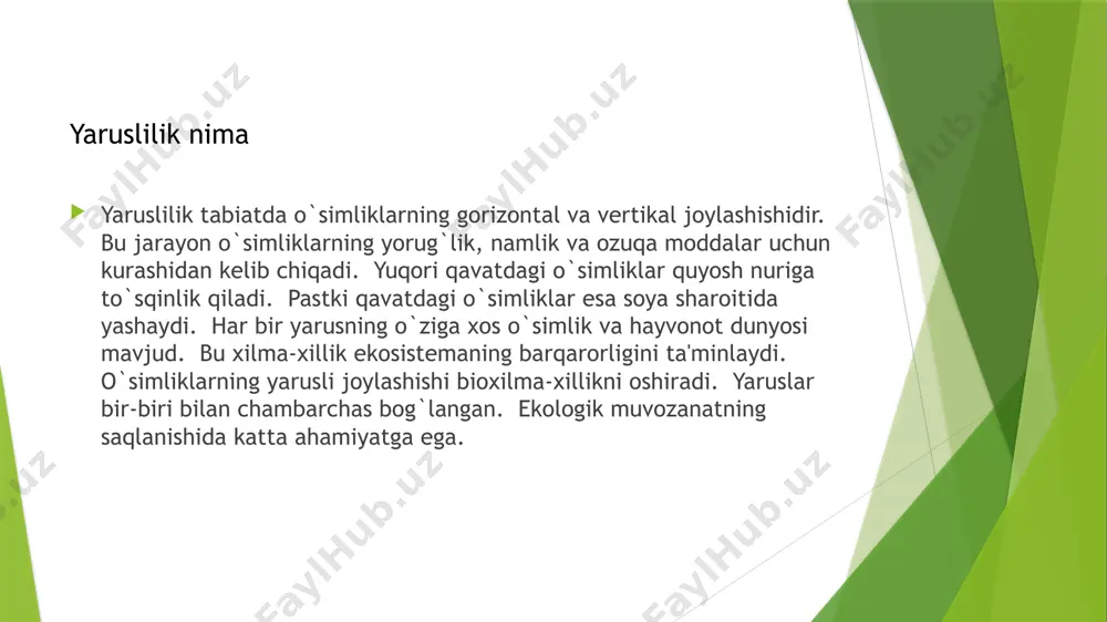 hun raqobatni keltirib chiqaradi. har bir yarus o`simliklarning turli xil moslashuvini shakllantiradi. o`simliklar yashash uchun yaruslar orasida joylashishga moslashadi. yaruslar o`simliklarning genetik xilma-xilligini oshiradi. yaruslilik ekosistemaning barqarorligini ta'minlaydi. yaruslarning o`simliklarga ta'siri yaruslilik hayvonot olamining tarkibiga ham ta'sir qiladi. har bir yarus o`ziga xos hayvonlarga boshpana beradi. hayvonlar oziq-ovqat va yashash joyi uchun yaruslar orasida raqobat qiladi. yaruslilik hayvonlarning o`zaro munosabatlarini belgilaydi. yirtqichlar o`ljalarini qidiradi. yashash sharoitlari hayvonlarning morfologik va fiziologik xususiyatlariga ta'sir qiladi. yaruslilik hayvonlarning tarqalishini va ko`payishini belgilaydi. yaruslarning xilma-xilligi hayvonot olamining boyligini ta'minlaydi. hayvonlarning yaruslarga moslashuvi ekosistemaning barqarorligini ta'minlaydi. yaruslarning hayvonot olamining tarkibiga ta'siri yaruslilik ekosistemaning muhim tarkibiy qismidir. yaruslarning xilma-xilligi bioxilma-xillikni oshiradi. yaruslar o`simlik va hayvonlarning o`zaro munosabatlarini tartibga soladi. yaruslar oziq-ovqat zanjiri va energiya aylanishini ta'minlaydi. yaruslilik ekosistemaning barqarorligini ta'minlaydi. yaruslarning buzilishi ekologik muvozanatni buzadi. yaruslarning saqlanishi tabiatni muhofaza qilishning muhim jihati hisoblanadi. yaruslarni o`rganish ekologik muammolarni hal qilishda yordam beradi. yaruslarning ahamiyati juda katta. ular …