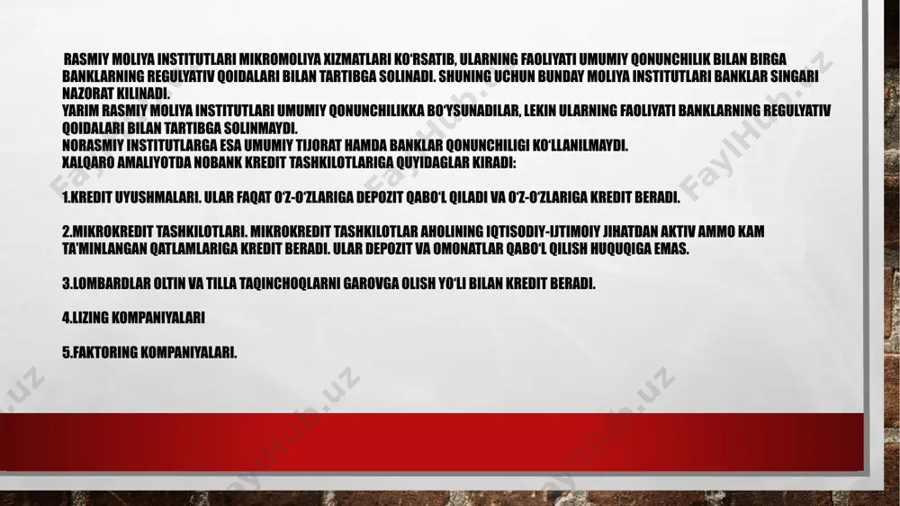 kompaniyalarining zaif jihati bor, ya’ni lizing kompaniyalarida resurslar etishmaydi. ular faoliyatini asosan o‘z mablag‘lari hisobidan moliyalashtirishga majbur. shu sababli ular tijorat banklarining uzoq muddatli kreditlarini keng ko‘lamda jalb qiladilar. o‘zbekiston respupblikasida lizing operatsiyasi bilan tijorat banklari va lizing kompaniyalari shug‘ullanadi. asosiy muammo shundaki, to lizing obyekti lizing-oluvchi tomonidan qabo‘l qilib olinmagunga qadar tijorat banklari lizing kreditiga foiz hisoblay olmaydi. kliring uylari (palatalari) nobank kredit tashkiloti hisoblanadi va ular chek va hosilaviy qimmatli qog‘ozlar bo‘yicha o‘zaro hisob-kitoblarni amalga oshiradi. kliring palatasi har bir ishtirokchi bankka schotlar ochadi. bu schotlar mazmuniga ko‘ra aktiv-passiv schotlar hisoblanadi, ya’ni bu schotlar debitli qoldiqqa ham ega bo‘lishi mumkin, kreditli qoldiqqa ham ega bo‘lishi mumkin. kliring palatasi bir ish kuni mobaynida barcha hisob-kitoblarni amalga oshiradi va ish kuni so‘nggida har bir bankka uning hisob raqamidan ko‘chirma beradi. agar bank ko‘chirmani debitli qoldiq bilan olgan bo‘lsa , demak unga to‘la berishadi. ko‘pchilik mamlakatlarda nobank kredit tashkilotlari faoliyati markaziy …
