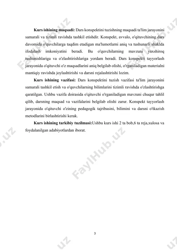 ari va muhim jihatlarini o‘z ichiga oluvchi yozma hujjatdir. u o‘qituvchilar, talabalar va ilmiy tadqiqotchilar tomonidan keng qo‘llaniladi. konspekt tayyorlash jarayoni o‘quv materialini chuqur o‘zlashtirishga, xotirada yaxshi saqlashga va kerakli ma'lumotlarni tezda topishga yordam beradi[footnoteref:2]. [2: abdug'anieva, n. (2021). ta'lim jarayonida dars konspekti tuzish metodikasi. toshkent: o'qituvchi. ] konspektning ahamiyati ta'lim jarayonida juda katta. u o‘quvchilarning diqqatini jamlashiga, o‘rganayotgan mavzularini yaxshiroq tushunishlariga va muhim ma'lumotlarni ajratishga imkon beradi. o‘quvchilar konspekt orqali o‘qituvchi tomonidan berilgan ma'lumotlarni qayta ishlash va o‘z fikrlarini ifodalash imkoniyatiga ega bo‘ladilar. bu, o‘z navbatida, o‘rganish jarayonini yanada samarali qiladi.konspekt tayyorlash jarayoni o‘quvchilarning tafakkurini rivojlantirishga ham xizmat qiladi. o‘quvchilar konspekt tayyorlashda asosiy g‘oyalarni aniqlash, ularga izoh berish va o‘z fikrlarini bildirish jarayonida faol ishtirok etadilar. bu ularning analitik fikrlash qobiliyatini oshiradi va o‘rganilayotgan materialga nisbatan chuqurroq tushuncha hosil qiladi.shu bilan birga, konspektlar o‘qituvchilar uchun ham muhim ahamiyatga ega. ular o‘z darslarini rejalashtirishda va o‘quvchilarning o‘zlashtirish darajasini baholashda foydalanadilar. …