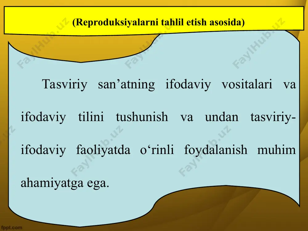 di. rang-tasvirda asarning emotsional ta’sir kuchini oshirish maqsadida uning mazmun va mohiyatidan kelib chiqqan holda, ranglarning issiq va sovuq turlaridan foydalaniladi. issiq va sovuq gammadagi ranglar ko‘proq manzara janrida qo‘llaniladi. quyoshning botishi, issiq kun, yoz, kuz mavzulari issiq ranglarda tasvirlansa, qish, qor, ayozli kun manzaralari sovuq ranglarda tasvirlanadi. manzara janrida o‘.tansiqboyevning «angren – qo‘qon tog‘ yo‘li» nomli asarini misol tariqasida keltirish mumkin. portret janrida rassom r.choriyevning «keksa» portreti sovuq ranglar ustuvorligida ishlangan. rangtasvir san’atining mashhur vakillaridan leonardo da vinchi, rafael santi, rembrandt, karl bryullov, anri matiss, albrext dyurer, o‘zbekistonlik rangtasvir ustalaridan o‘rol tansiqboyev, abdulhaq abdullayev, rahim ahmedov, malik nabiyev, ro‘zi choriyev, javlon umarbekov, bahodir jalolov, alisher mirzayev, akmal ikromjonov, akmal nur va boshqa bir qancha rassomlarni aytish mumkin. rangtasvir asarlarini yaratishda chiziq va rang dog‘lari ham ifoda vosit asi sifatida foydalaniladi. tushunarli bo‘lishi uchun bunga izoh berib o‘tamiz. chiziq – asarda biron-bir narsaning tashqi ko‘rinishini bo‘yoqlar bilan tasvirlangan konturi bo‘lsa, …