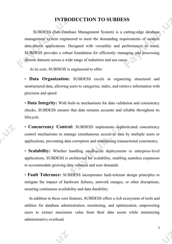 relationships between different data entities. subdesigns come in various forms, including subtypes, subtables, and subqueries, each serving distinct purposes within a database system. key features of subdess in today’s data-driven world, efficient management of data is crucial for organizations to thrive and succeed. database management systems (dbms) play a pivotal role in this regard, offering a structured framework for storing, organizing, and manipulating data. among the plethora of dbms available, subdess (substantial database management system) stands out with its comprehensive set of features designed to meet the diverse needs of modern businesses and enterprises. data organization: one of the fundamental features of subdess is its robust data organization capabilities. subdess efficiently structures data into tables, rows, and columns, facilitating easy storage and retrieval. this structured approach not only enhances data organization but also simplifies data manipulation tasks, enabling users to perform complex operations with ease. query language support: subdess boasts …