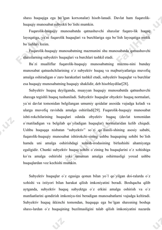 lga oshirish va o`z manfaatlarini qondirish imkoniya-tini beradigan munosabatlarni vujudga keltiradi. subyektiv huquq ikkinchi tomondan, huquqqa ega bo`lgan shaxsning boshqa shaxs-lardan o`z huquqining buzilmasligini talab qilish imkoniyatini nazarda tutadi. masalan, mulk egasining subyektiv huquqi, bir tomondan, o`z mulkini egallash, undan foydalanish va uni tasarruf etish bilan bog`liq huquqlarni nazarda tutsa, ikkinchi tomondan, u subyektiv huquq egasi sifatida o`z huquqlarining buzilmasligini har kimdan talab qila oladi. subyektiv huquqlar o`z harakatlariga ko`ra mulkiy yoxud shaxsiy nomulkiy bo`lishi mumkin. o`zbekiston respublikasida subyektiv huquqlar kafolatlangan huquqlardir. davlat bu huquqlarning amalga oshirilishini ta`minlaydigan moddiy sharoitlarni yaratadi. huquqiy munosabatlarning mazmunini yuqorida ko`rsatilgani-dek, huquqlar bilan bir qatorda majburiyatlar ham tashkil etadi. majburiyatning mohiyati shundaki, bunda huquqiy tartibning talabi bo`yicha uni o`z zimmasiga olgan shaxs ma`lum harakatlarni qilishga yoki harakatlarni qilishdan saqlanishga majbur bo`ladi. har qanday majburiyat qarzdor shaxsning, ya`ni zimmasida majburiyat bo`lgan shaxsning erkini ma`lum darajada cheklaydi, uni huquq egasining manfaatlari bilan bog`laydi. masalan, sotuvchi sotilgan mulkni …