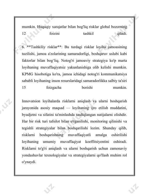 a qiymatining 5% dan ortiq zarar ko'rish ehtimoli mavjud. 2. **texnologik tavakkalchilik**: innovatsion loyihalarda texnologik tavakkalchilik ko'pincha yangi texnologiyaning muvaffaqiyatsizligi bilan bog'liq bo'ladi. `trl (technology readiness level)` koʻrsatkichi yangi texnologiyaning qanchalik tayyor ekanligini baholash uchun qo'llaniladi. masalan, trl darajalari 1 dan 9 gacha bo'lib, daraja qanchalik yuqori bo'lsa, texnologiya shunchalik tayyorlashtirilgan hisoblanadi. loyiha muvaffaqiyatsizligini baholashda 1-3 darajali trl loyihalarida yuqori tavakkalchilik mavjud bo'lishi mumkin. 3. **bozor tavakkalchiligi**: bozor tavakkalchiligini baholash uchun `beta koeffitsienti` keng qoʻllaniladi. bu koeffitsient—loyiha narxining umuman bozordagi o'zgarishlariga qanchalik ta'sir qilishini koʻrsatadi. agar beta koeffitsienti 1 dan katta bo'lsa, loyiha bozor tavakkalchiligi yuqoriligini ko'rsatadi. 4. **raqobat tavakkalchiligi**: raqobatli muhitda loyihaning muvaffaqiyati raqobatning intesivligi bilan bog'liq bo'ladi. masalan, `porter besh kuchi tahlili` raqobat tavakkalchiligini baholash usullaridan biri hisoblanadi va u bozordagi boshqa raqiblar, yangi kiruvchi ishtirokchilar, o'rnini bosuvchi mahsulotlar va mijozlar pozitsiyasini o'z ichiga oladi. 5. **statistik modellashtirish**: `monte-karlo simulyatsiyasi` kabi statistik modellardan foydalanish loyihaning turli xil tavakkalchilik …