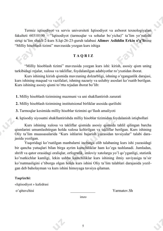makroiqtisodiy ko‘rsatkichlar hisoblanadi. bu ko‘rsatkichlar iqtisodiy o‘sish sur’atlarini baholash, resurslardan samarali foydalanishni ta’minlash va iqtisodiy siyosatni shakllantirishda asos bo‘lib xizmat qiladi. o‘zbekiston respublikasida mhtning joriy etilishi va takomillashtirilishi iqtisodiy tahlilning samaradorligini oshirishga xizmat qiladi. bu tizim orqali iqtisodiy faoliyatning barcha sohalarini qamrab olish, iqtisodiy jarayonlarni chuqur tahlil qilish va kelajakdagi rivojlanish strategiyalarini ishlab chiqish imkoniyati yaratiladi. mhtning dolzarbligi shundaki, u nafaqat iqtisodiy ko‘rsatkichlarni hisoblash, balki iqtisodiy siyosatni shakllantirish, resurslarni taqsimlash, investitsiyalarni jalb qilish va iqtisodiy barqarorlikni ta’minlashda muhim vosita hisoblanadi. shu sababli, mhtni chuqur o‘rganish va uni amaliyotga tatbiq etish iqtisodiyotni samarali boshqarish uchun zarurdir. kurs ishining obyekti: milliy hisoblar tizimi orqali o‘zbekiston respublikasining iqtisodiy faoliyatini makrodarajada aks ettirish va tahlil qilish jarayonlari. bu obyekt doirasida quyidagi jihatlar o‘rganiladi: milliy hisoblar tizimi mamlakatning iqtisodiy faoliyatini makro darajada aks ettirish va tahlil qilish uchun mo‘ljallangan statistik ko‘rsatkichlar tizimidir. bu tizim yordamida ishlab chiqarish, taqsimlash, iste’mol va jamg‘arma jarayonlari o‘zaro bog‘liq holda …