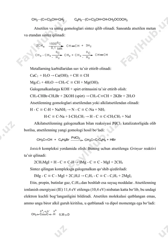 - mgi + 2ch4 sintez qilingan kompleksga galogenalkan qo‘shib qizdiriladi: img - c c - mgi + 2c2h5i c2h5 - c c - c2h5 + 2mgi2 etin, propin, butinlar gaz, c5h10 dan boshlab esa suyuq moddalar. atsetilenning ionlanish energiyasi (ie) 11,4 ev etilenga (10,4 ev) nisbatan katta bo‘lib, bu undagi elektron kuchli bog‘langanligini bildiradi. atsetilen molekulasi qutblangan emas, ammo unga biror alkil guruh kiritilsa, u qutblanadi va dipol momentga ega bo‘ladi: atsetilen birikmalarining d âà nd20 lari alkenlarga nisbatan yuqori. c2h2 suvda yaxshi eriydi (1,15:1), atsetonda 25:1 va dmfa 33,5:1. bosim ostida 1hajm atsetonda 300 hajm s2n2 eriydi. c2h2 tutab yonadi. c2h2 kislorod oqimida yonganda alanganing issiqligi 31500 yetadi. u qirqish ishlarida ishlatiladi. atsetilen termodinamik qarorsiz modda u turtkidan portlaydi. adabiyot: 1. o.ya.neyland organicheskaya ximiya. m.: «viysshaya shkola». 1990. s. 144-149. 2. a.n.nesmeyanov, n.a.nesmeyanov nachala organicheskoy ximii. kniga 1. m.: 1969. s. 277-279. 3. a.terney sovremennaya organicheskaya ximiya. t. 1. …