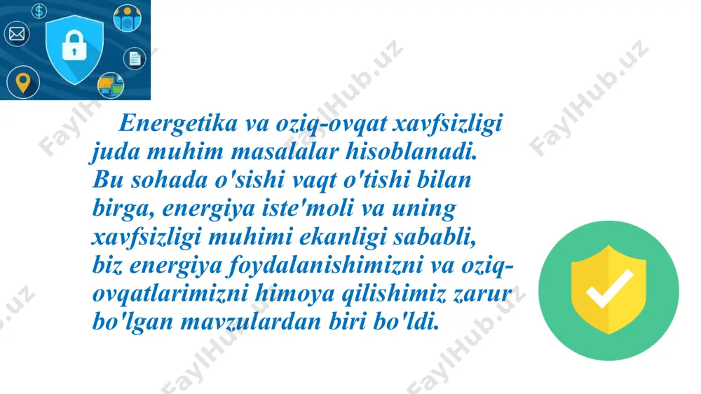 jumladan, 3,2 million gektar sug‘oriladigan ekin maydonlarida aholi ehtiyojlari uchun oziq-ovqat mahsulotlari, iqtisodiyot tarmoqlari uchun zarur xomashyo yetishtirilmoqda. hozirgi vaqtda 180 dan ortiq turdagi qishloq xoʻjaligi va oziq-ovqat mahsulotlari 50 dan ortiq mamlakatga eksport qilinmoqda. mamlakat oziq-ovqat xavfsizligini ta’minlash bo’yicha o’zbekiston respublikasi prezidenti 2018-yil 16-yanvardagi “mamlakatning oziq-ovqat xavfsizligini yanada taʼminlash chora-tadbirlari toʻgʻrisida”gi farmoni hamda oʻzbekiston qishloq xoʻjaligini rivojlantirishning 2020-2030-yillarga moʻljallangan strategiyasi ishlab chiqilgan. masalan, strategiyada oʻzbekistonda 2018-yil holatiga koʻra aholi oʻrtasida umumiy toʻyib ovqatlanmaydiganlarning "экономика и социум" №3(106)-1 2023 www.iupr.ru 236 ulushi 6,3 foizni tashkil etishi koʻrsatib oʻtilgan. ushbu ulushni 2025-yilga kelib 3 foizgacha kamaytirish, 2030-yilga borib nol darajaga tushurish belgilab berilgan image1.png image2.jpeg image3.png image4.png image5.jpeg image6.png image7.png image8.jpg image9.png image10.png image11.png image12.jpg image13.png image14.jpeg image15.jpg image16.png /docprops/thumbnail.jpeg