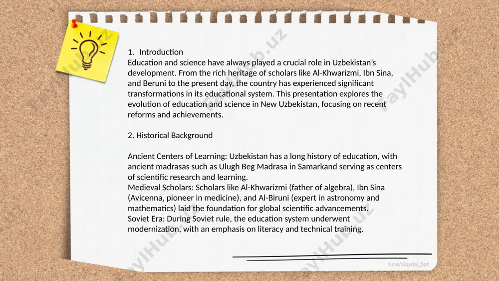 ossroads of tradition and innovation, preserving its rich academic heritage while embracing modern educational practices. the nation’s commitment to scientific and educational progress promises a brighter future, where young minds lead the way in global advancements ... t.me/slaydai_bot 7. innovations in uzbek science education uzbekistan has been focusing on modernizing its science education system through various innovations. in recent years, the government has implemented the steam (science, technology, engineering, arts, and mathematics) approach to enhance educational quality. approximately 3,000 schools have adopted the steam model, benefiting over 1 million students. initiatives include the introduction of robotics and coding classes, which are now part of the curriculum for students aged 12-18. the government has allocated around $100 million for upgrading science laboratories and purchasing digital teaching tools. furthermore, teacher training programs have been expanded, with over 20,000 educators participating in professional development workshops annually to stay updated with the latest teaching …