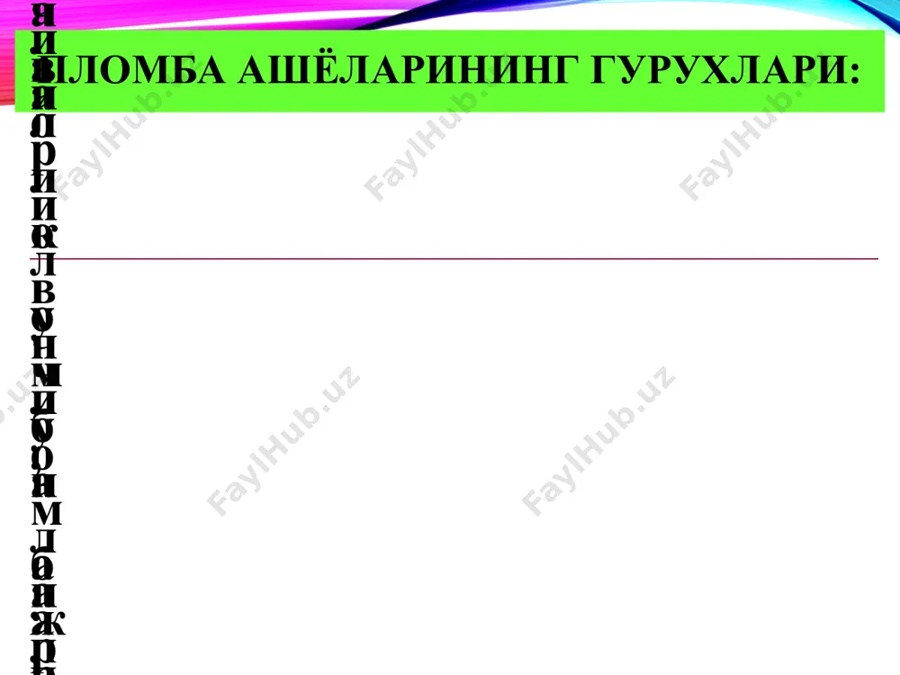 i. кимёвий ва нур билан қотувчи: fuji lc, photas – fil. кимевий, нур билан ва шишаиономер реакция ёрдамида (учламчи) қотувчи: vitremer шиц таснифи: қўлланилиши бўйича: фиксация учун; тиклаш учун (доимий пломба сифатида); тез қотувчи. ишлаб чиқарилган шакли бўйича: кукун-суюқлик; кукун (аква-цементлар); капсула; паста. кимёвий таркиби бўйича: классик (анъанавий); гибрид. шиц ижобий хусусияти: тиш тўқимасига адгезияси; турли пломбаларга яхши адгезияси; тиш тўқималари билан биологик мослик, токсик эмас. кариесга қарши таъсири – цементдан фторни диффуз ажралиши (3 йилгача); чайновга юқори бардошлилик; иссиқлик кенгайиш коэффициенти эмаль ва дентинникига яқин; шиц ижобий хусусияти: иссиқлик ўтказиши кам; кислота таъсирига чидамли; полимеризацион чўкмага тушиши кам; эстетик талабга жавоб беради; ранг турғунлиги; нисбата арзонлиги. шиц салбий хусусияти: қотиш вақтида суюқликка чидамсиз; секин қотиши; пломба ранги 24 соатдан кейин аниқланади; пломбага якуний ишлов бериш 24 соатдан кейин бажарилади (анъанавий шицларда); мўртлиги (катта оклюзион босимга); шаффофлиги паст. амальгама бир ёки бер нечта металл билан қўрғошинни аралашмасидан ташкил топган металл …