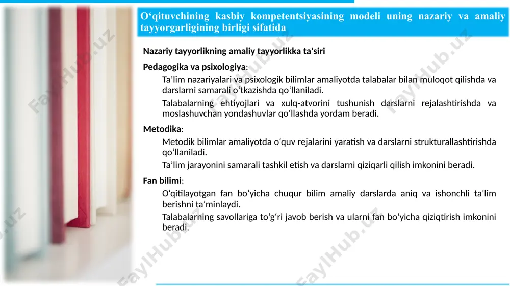 ing o‘zaro bog‘liqligi tushunchalarning o‘zaro bog‘liqligi pedagogik mahorat: bu umumiy ko'nikmalarni qamrab oladi va ustamonlik va novatorlik kabi ko'nikmalarning asosidir. pedagogik mahoratga ega bo'lgan o'qituvchilar ko'pincha pedagogik ustamonlik va novatorlikni namoyon qilishga moyildirlar. pedagogik ustamonlik: mahorat va novatorlik bilan birga, ustamonlik o'qituvchining kasbiy kompetentsiyasining ajralmas qismidir. pedagogik mahoratni yanada mustahkamlaydi va uni amaliyotda qo'llashni ta'minlaydi. pedagogik novatorlik: mahorat va ustamonlikni yangiliklar bilan boyitadi. ustamonlik va novatorlik pedagogik mahoratni zamonaviylashtirishga yordam beradi. kasbiy kompetentsiya: pedagogik mahorat, ustamonlik va novatorlikni o'z ichiga oladi. o'qituvchining kasbiy kompetentsiyasi yuqori bo'lishi uchun barcha uchala ko'nikma ham rivojlangan bo'lishi kerak. yuqoridagi tushunchalar o'qituvchining ta'lim jarayonidagi muvaffaqiyatini ta'minlashda muhim ahamiyatga ega. ularning o'zaro bog'liqligi o'qituvchining kasbiy rivojlanishida va samarali ta'lim berishda asosiy omil hisoblanadi. agar sizga yana qo'shimcha ma'lumot kerak bo'lsa yoki konkret misollar keltirishni istasangiz, bemalol murojaat qiling! pokolenie z (ot 18 do 25 let) prostoy dizayn, predostavlyayushiy klientam neobxodimuyu im tselevuyu informatsiyu zagolovok prezentatsii 21 …
