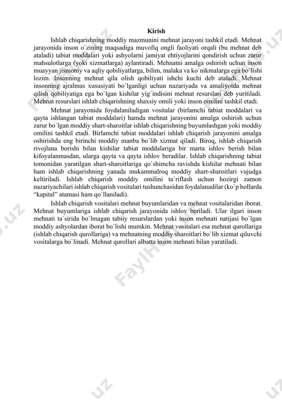 r marta ishlov berish bilan kifoyalanmasdan, ularga qayta va qayta ishlov beradilar. ishlab chiqarishning tabiat tomonidan yaratilgan shart-sharoitlariga qo`shimcha ravishda kishilar mehnati bilan ham ishlab chiqarishning yanada mukammalroq moddiy shart-sharoitlari vujudga keltiriladi. ishlab chiqarish moddiy omilini ta`riflash uchun hozirgi zamon nazariyachilari ishlab chiqarish vositalari tushunchasidan foydalanadilar (ko`p hollarda “kapital” atamasi ham qo`llaniladi). ishlab chiqarish vositalari mehnat buyumlaridan va mehnat vositalaridan iborat. mehnat buyumlariga ishlab chiqarish jarayonida ishlov beriladi. ular ilgari inson mehnati ta`sirida bo`lmagan tabiiy resurslardan yoki inson mehnati natijasi bo`lgan moddiy ashyolardan iborat bo`lishi mumkin. mehnat vositalari esa mehnat qurollariga (ishlab chiqarish qurollariga) va mehnatning moddiy sharoitlari bo`lib xizmat qiluvchi vositalarga bo`linadi. mehnat qurollari albatta inson mehnati bilan yaratiladi. i-bob. ishlab chiqarish va boshqa xarajatlarning auditi 1. ishlab chiqarish xarajatlari auditining maqsadi, mе'yoriy asoslari. ishlab chiqarish xarajatlari va mahsulotlar tannarxini hisoblashni auditorlik tеkshiruvidan o’tkazishdan maqsad sodir bo’lgan xo’jalik muomalalarini hisobga olish va soliqqa tortishda qo’llanilayotgan tartibning o’zbеkiston rеspublikasi mе'yoriy …