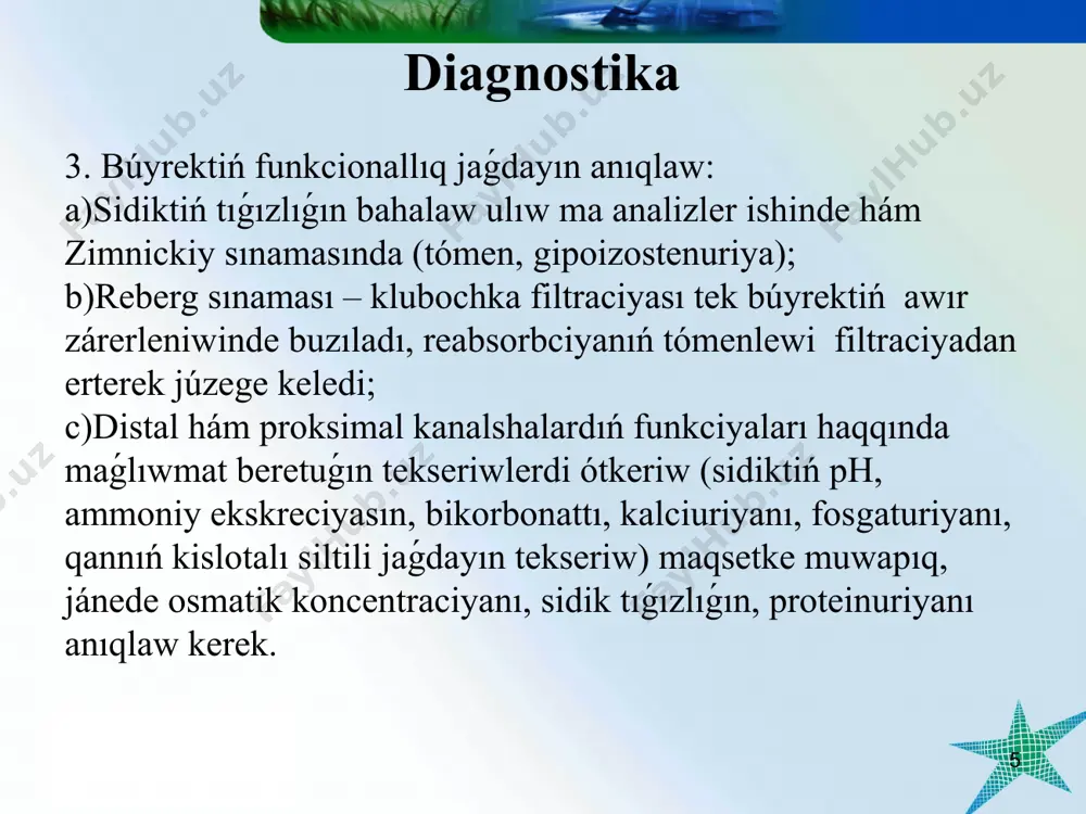 uometriya, cistometriya eeg; exo-eg; kt; mrt tar qániygeler konsultaciyası pielonefritti emlew * * simptomlardı joǵaltıw bakteriyalar eradikaciyası recidivlerdiń aldın alıw pielonefrit, aktiv faza urodinamika buzılıwın korrekciyalaw antioksidantlı hám immunmodulyaciyalawshı terapiya * etiotroplı terapiya – antibakteriallı terapiya; urodinamikanı normallastırıw; metabolikalıq buzılıwlardı korrekciyalaw pielonefritti aktiv fazada emlewdiń ulıwma principları tártip – jataq, yarım jataq + májbúriy siyiw (hár 2-3 saatta) hám «ekilik siyiw» uyqıdan aldın + kúndelikli gigienalıq ilajlar dietoterapiya – tolıq quwatlı fiziologik dieta, с исключением átkir, ekstraktivli awqatlardı alıp taslaw (5 stol) + joqarılatılǵan suw tártibi (kóp ishiw ) aktiv fazasında pielonefritti emlew emlewхanada ótkiziledi. kesellik ótkir fazasında kóp suyıqlıq ishkiziledi (mektep jasındaǵı balalarǵa uluwma suyıqlıq jámi 1,5-2,0 l kúnine). dieta ekstrarenal belgilerde búyrek stolı usınıs etiledi. sútli hám ósimlik ónimlerinen quraladı, belok (1,5 g/kg ǵa shekem) hám duzlar (2-3 g/kún) sheklengen. kóbirek suyıqlıq ishiw buyırıladı. 7 jasqa shekem 500-700 ml, 7-10 jasqa 700-1000 ml, 10 jastan úlkenlerge 1,0-1,5 ml. …
