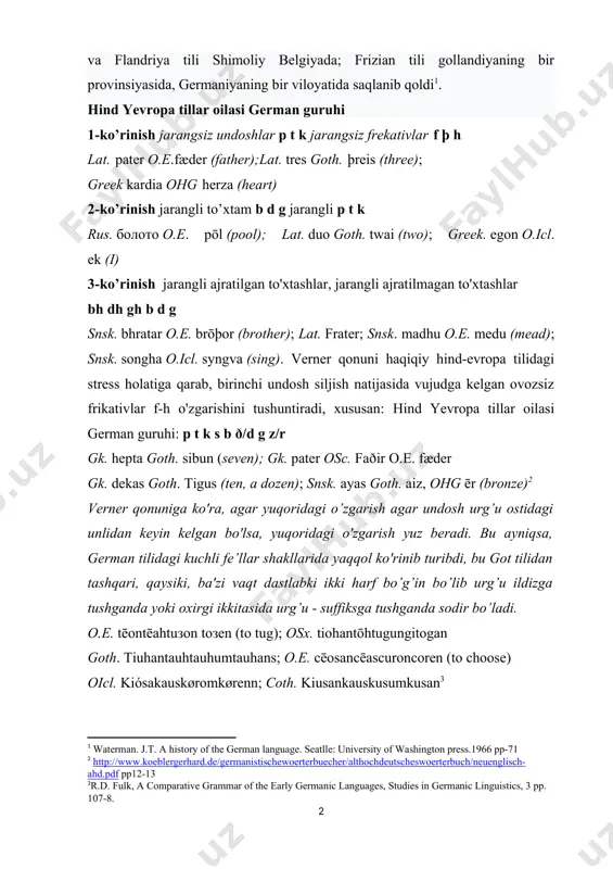 oteref:1]. [1: waterman. j.t. a history of the german language. seatlle: university of washington press.1966 pp-71] hind yevropa tillar oilasi german guruhi 1-ko’rinish jarangsiz undoshlar p t k jarangsiz frekativlar f þ h lat. pater o.e.fæder (father);lat. tres goth. þreis (three); greek kardia ohg herza (heart) 2-ko’rinish jarangli to’xtam b d g jarangli p t k rus. болото o.e. pōl (pool); lat. duo goth. twai (two); greek. egon o.icl. ek (i) 3-ko’rinish jarangli ajratilgan to'xtashlar, jarangli ajratilmagan to'xtashlar bh dh gh b d g snsk. bhratar o.e. brōþor (brother); lat. frater; snsk. madhu o.e. medu (mead); snsk. songha o.icl. syngva (sing). verner qonuni haqiqiy hind-evropa tilidagi stress holatiga qarab, birinchi undosh siljish natijasida vujudga kelgan ovozsiz frikativlar f-h o'zgarishini tushuntiradi, xususan: hind yevropa tillar oilasi german guruhi: p t k s b ð/d g z/r gk. hepta goth. sibun (seven); gk. pater osc. faðir o.e. fæder gk. dekas goth. tigus …