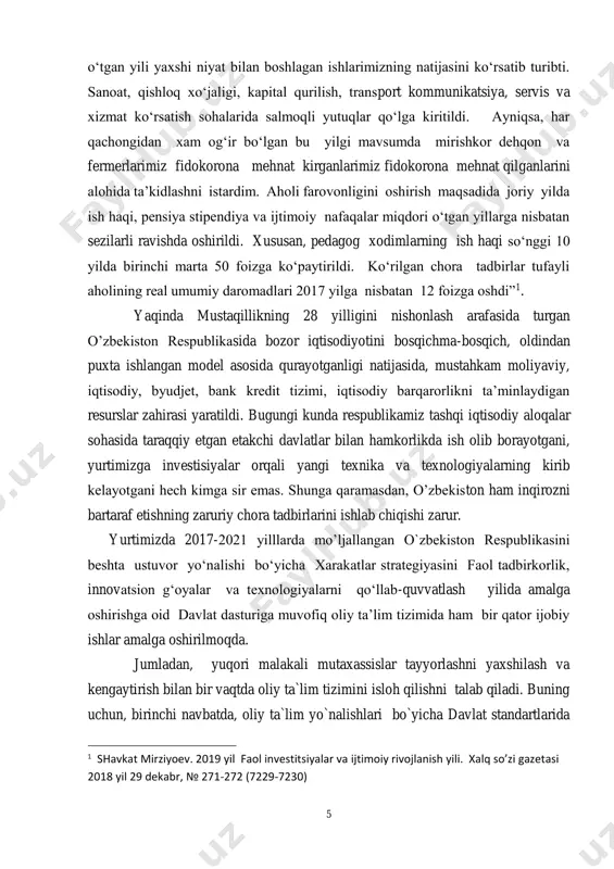 iyalar va ijtimoiy rivojlanish yili. xalq so’zi gazetasi 2018 yil 29 dekabr, № 271-272 (7229-7230) 6 ko`zlangan fanlarning mazmuni va o`quv dasturlarini xalqaro andozalarga moslashtirib takomillashtirish zarur. ushbu o’quv qo’llanma oliy ta`lim “statistika” ta’lim yo`nalishi bo`yicha taxsil oluvchi bakalavrlar uchun davlat ta’lim standartlari talablarida ko`zlangan “moliya statistikasi” fanining o`zbekiston respublikasi oliy va o`rta maxsus ta`lim vazirligi tomonidan tasdiqlangan namunaviy dasturiga muvofiq tayyorlangan. mazkur o’quv qo’llanma moliya statistikasining umumuslubiy masalalarini ko’rib chiqishga bag’ishlangan. unda ilg`or pedagogik texnologiyalaridan va interaktiv ta`lim usullaridan foydalanilgan. har bir mavzu masalalarini bayon etishda dasturlangan o`quv texnologiyasi tamoyillari qo`llanilgan. jumladan, asosiy ilmiy tushuncha va kategoriyalar hamda nazariy masalalar mazmunini oydinlashtirish uchun dastlab ular muhim mantiqiy tuzilmaviy elementlar va xarekterli jihatlariga ajratilib, sxema – tarhlar, chizma va boshqa ko`rgazmali shakllar orqali tasvirlangan. so`ngra ular har taraflama izohlanib, hayotiy misollar yordamida tushuntirib berilgan. o’quv qo’llanmada ayrim mavzular, masalan, moliya statistikasi fanining predmeti, vazifalari va o‘rganish usullari; davlat byudjeti statistikasi; …