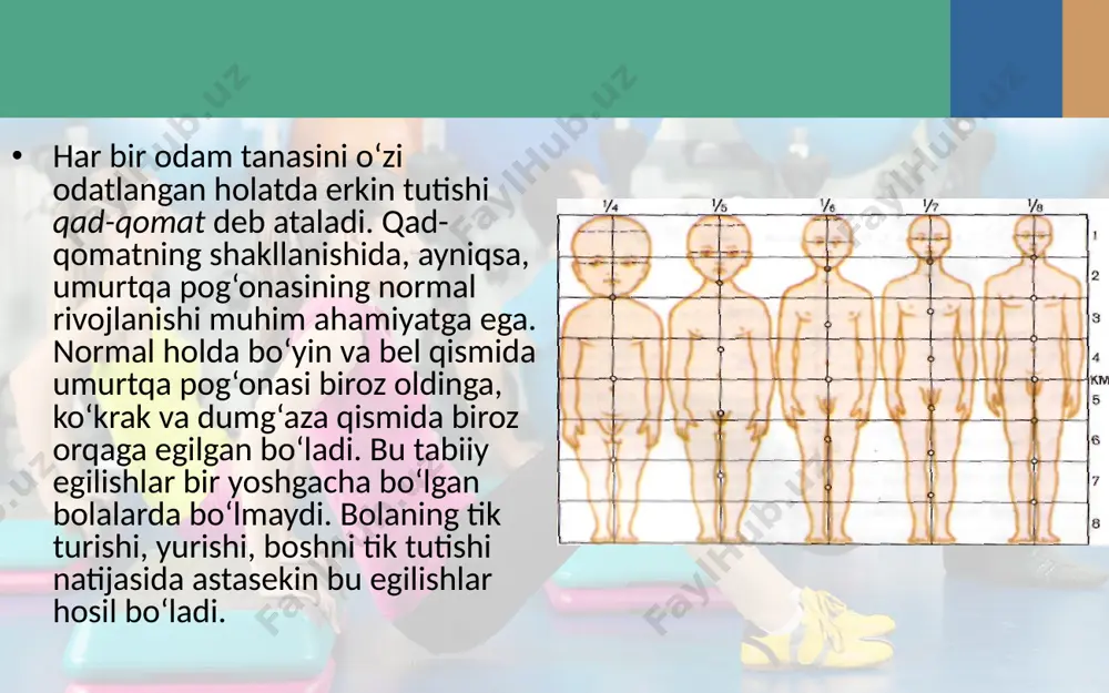 rishi (sport poyabzalini faqat mashg‘ulot vaqtida kiyish kerak); — poshnasi baland, uch tomoni tor, orqa tomoni keng bo‘lgan poyabzallarni kiyish; — og‘ir yuk ko‘tarish ham yassioyoqlikning yuzaga kelishiga sabab bo‘ladi. ana shularni hisobga olib, yassioyoqlikning oldini olishga e’tibor berish kerak. savol va topshiriqlar qad-qomat noto‘g‘ri shakllanishining qanday xillari bor? odam qad-qomatining to‘g‘ri shakllanishi nimalarga bog‘liq? yassioyoqlikning belgilari qanday bo‘ladi? yassioyoqlikning oldini olish uchun nimalar qilinadi? image2.jpeg image3.jpeg image4.jpeg image5.jpeg image6.jpeg image7.jpeg image8.gif image9.jpeg image10.gif image11.gif image12.gif image13.jpeg image14.gif image15.jpeg image16.gif image1.jpeg