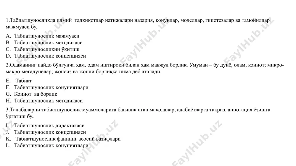 укаммал қилди", деб айтилган сура қуърон каримнинг қайси сурасида айтилган “зумар сураси”нинг 9- оятида “бақра сураси”нинг 14 –оятида “фуркон сураси" нинг 2-оятида ”аъроф сураси" нинг 56-оятида 10.қуьрон каримнинг "аъроф сураси" нинг 56-оятида табиат ҳақида нима дейилган "аллоҳ ҳамма нарсани яратди ва ўлчовини мукаммал қилди" “обод қилиб қўйилган ер юзида бузғунчилик ишларини қилманг” “енглар, ичинглар, садақа қилинглар, аммо исрофгарчиликка ўтманглар” “тангри покдир, покликни яхши кўради, сахийдир-ки сахийликни яхши кўради” 11.ушбу хадис илми қайси алломага тегишли “екмоқ ниятида қўлингизда кўчат турган пайтда бехосдан қиёмат қойим бўлиб қолиши аниқ бўлганда ҳам улгурсангиз уни экиб қўйинг” имом ал-бухорий имом ат-термизий аҳмад яссавий имом мотуридий 12.ушбу фикр муаллифи ким "билинг-ки, дарёнинг кўзлари ёшланса унинг бошига ғам, кулфат тушган бўлади. одамлар, дарёдан меҳрингизни дариғ тутманглар" ибн сино ал-беруний муҳаммад ал-хоразмий ал-фаробий 13.шарқда ёзилган "китаб сурат ал-арз" ("ер тасвири") асар муаллифи ким ибн сино муҳаммад ал-хоразмий ал-беруний ал-фаробий 14.“китаб сурат ал-арз" ("ер тасвири") китобида асосан қандай маълумотлар …