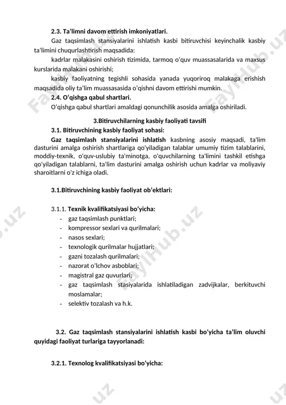 .2 manometr, termometr, gaz sarfini o‘lchaydigan uskunalar, bosim tartiblagichlar, gaz sifatini aniqlaydigan priborlar (gazning fizik-kimyoviy xossalari) ko‘rsatkichlari bo‘yicha gazni taqsimlash, uni hisobini yuritish va redutsiya texnologik qurilmalari uskunalarini ishlash parametrlarini nazorat qilish, gazni taqsimlash, uni hisobini yuritish va redutsiya texnologik qurilmalari uskunalarida avariyalarni, xavfli ish rejimlarini, avariyaviy holatlarni oldini olish bo‘yicha choralar ko‘rish, qurilmalarni ko‘zdan kechirish vaqtida aniqlangan kichik nuqsonlari va nosozliklarini bartaraf etish; kk-1.3 gts uskunalarini ishlatish va ishlarni xavfsiz bajarish bo'yicha yo'riqnomalarni tayyorlash, moddiy-texnik resurslarga (mtr) bo'lgan ehtiyojni hisoblash, mtr, shaxsiy va jamoaviy himoya vositalariga arizalar tayyorlash, gts uskunalari, shu jumladan axborot tizimlarining ishlashi to'g'risidagi ma'lumotlarni saqlash va yangilash, chizmalar, uskunalar va gaz quvurlarini texnologik sxemalarda aktual holatini ta’minlash, ish vaqti tabelining hisobotlarini olib borish, smenali ishlarni rejalashtirish; kk-1.4 ishlab chiqarish faoliyati bo'yicha hisobotlarni shakllantirish uchun dastlabki ma'lumotlarni tayyorlash, mtrdan foydalanish to'g'risidagi hisobotlarni va eskirgan asboblar va jihozlarni hisobdan chiqarish uchun hujjatlarni tuzish, gts faoliyati sohasida hisobotlarni tayyorlash.; …