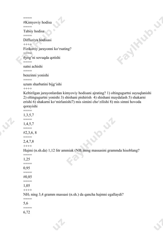 ‘lgan atomlar ++++ qaysi energetik pog‘onada taqsimlangan elektronlar 3 davr va vi guruh elementiga mos? ==== 1s22s23s23p63d6 ==== 1s22s22p63s23p3 ==== 1s22s22p63s23p1 ==== #1s22s22p63s23p4 ++++ quydagi orbitallarning qaysi birida elektron energiyasi kichik? ==== 3s ==== 3p ==== 2p ==== #1s ++++ og’ir suv oddiy suvdan qanday farq qiladi? ==== #molekulasida proton va neytronlar soni har xil bo’lishi, molekulyar massasi bilan ==== qo’shimchalar miqdorini ko’pligi ==== kislorodning izotop tarkibi ==== vodorodning izotop tarkibi ++++ qaysi moddaning molekulyar massasi eng katta qiymatga ega? ==== natriy sulfid ==== #natriy tellurid ==== natriy selenid ==== natriy oksid ++++ termometr singanda nima ish bajariladi. ==== #maxsus urnaga singan termometr yig’ishtirib olinadi va qolgan qismiga oltingugurt sepib, temir (iii) xlorid bilan yuviladi ==== singan termometr yig’ishtirib olinadi va o’sha joyni suv bilan yuviladi ==== singan termometrni sipirib olib tashlanadi ==== singan termometr yig’ishtirib olib ustiga soda sepiladi ++++ quyidagi uran izotoplarida 92u235 va 92u238nechtadan neytron bor? ==== …