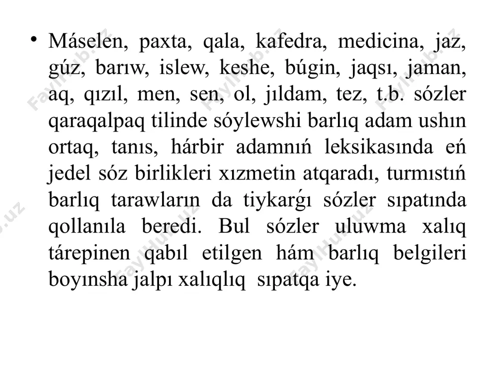 ası, okis, oksosintez, oksidler, mikrotóginler, kaliy, magniy, h.t.b. 6. biologiyalıq terminler: biologiya, kraxmal, belok, uglevod, protoplazma, jınıs, jınıs bezleri, analıq, túr, konvergenciya, jınıslı kóbeyiw, jınıssız kóbeyiw, jınıs organları asqazan tiken japıraqlar, refleks, shártli refleks, h.t.b. 7. medicina ilimlerine baylanıslı terminler: medicina, operaciya, difteriya, ambulatoriya, klinika, dispepsiya, ıssılıq, nevrologiya, juqpalı keseller, kolit, gastrit, ftiziator, qan basımı, dem alıw, dem qısıw, infarkt, qan quyıw, penicillin, h.t.b. 8. fizikalıq terminler: fizika, akustika, arximed nızamı, nyuton nızamı, elektron, neytron, salıstırma salmaq, yadro, waqıt, kúsh, jıllılıq, magnit maydanı, tartıw kúshi, qatıw, tezlik, serppelilik, inerciya, katet, vatt, temperatura, mexanika, kólem, teń ólshewli tuwrı sızıqlı qozǵalıs, t.b. 9. matematikalıq terminler: matematika, esap, másele, algebra, geometriya, trigonometriya, arifmetika, qosıw, alıw, kóbeytiw, bóliw, onlıq bólshek, qosılıwshılar, qosındı, alımı, bólimi, kóbeyiwshiler, kóbeyme, ayırma, qaldıq, aralas san, shama, teńleme, tuwındı, logarifm funkciyası, integral funkciya, keri funkciya, pútin san, h.t.b. 10. geografiyalıq terminler: geografiya, kartografiya, geodeziya, geologiya, ekonomikalıq geografiya, fizikalıq geografiya, jazıqlıq, …