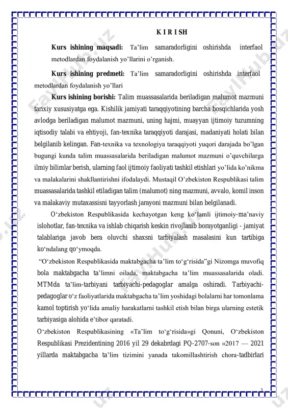 sh; bolalarga dunyo haqida tushunchalar berish va tasavvurlarini kengaytirish; bolalarning yoshi, individual, psixologik va jismoniy xususiyatlari hamda qobiliyatini inobatga olgan holda ta’lim-tarbiya jarayonini tashkil qilish. ta’lim muassasalarining bir turi sifatida maktabgacha ta’lim muassasasi, shubhasiz, ularning har qaysisiga xos, bolalarning tarbiyasi, ta’limi, rivojlanishi va salomatligiga yaxshi yo‘nalganligi bilan bog‘liq umumiy xususiyatlarga ega. shu asnoda tarbiyalanayotgan bolalarning yosh xususiyatlariga ko‘ra maktabgacha ta’lim muassasasi faoliyati boshqa ta’lim muassasalarida kechadigan pedagogik jarayonlardan jiddiy farq qiladi. shundan kelib chiqib, aytish mumkinki, ta’lim sifatini boshqarishning umumiy nazariy yo‘llarini maktabgacha ta’lim amaliyotiga mexanik ravishda ko‘chirish mumkin emas. ular maktabgacha ta’lim muassasalari faoliyatining o‘ziga 5 xosliklariga mos yangi mazmun bilan to‘ldirilishi kerak. e’tirof etish joizki, ta’lim tizimining hozirgi kundagi rivojlanish bosqichida uning birinchi bo‘g‘ini hisoblangan maktabgacha ta’limda jadal o‘zgarishlar yuz bermoqda. shu sababli, maktabgacha ta’lim muassasalari faoliyatida bolalarni estetik tarbiyasi o‘ziga xos yo‘nalish sifatida qabul qilingan. darhaqiqat, kelajak poydevori bo‘lgan, har jihatdan mas’uliyatli, ma’naviy yetuk, axloqan pok, bir …