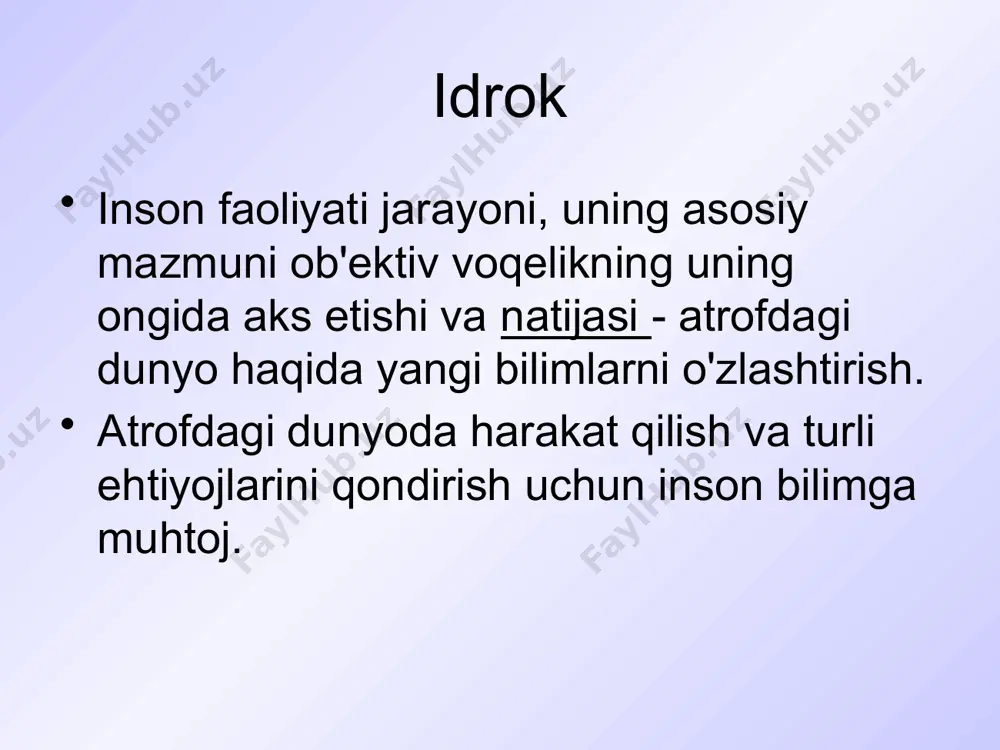 tning fikriga ko'ra , apriori g'oyalar (har qanday tajribadan oldin berilgan), hissiy bilim shakllari va sabab toifalari (sabab, oqibat, xususiy, umumiy) mavjud. idrokning natijasi bilimdir bilim bosqichlari sezuvchan - inson atrofdagi olamning ob'ektlari va hodisalari haqida ma'lumotni hislar yordamida oladi (hodisalar tashqi tomoni). insonning 5 ta hissi (hid, teginish, eshitish, ta'm, ko'rish) ratsional bilish usullari: tahlil, sintez, induksiya, deduksiya, abstraktsiya, ta'rif. ratsional - fikrlash mexanizmlari bilish jarayoniga kiradi, yangi g'oyalar ilgari olingan g'oyalar bilan bog'liq. aqliy jarayonlar orqali bilimlarni egallash jarayoni sensor bilish shakllari oldingi sezgilar va in'ikoslar asosida vujudga keladigan narsaning tasviri ishlash sensatsiyalar asosida shakllangan tashqi dunyoning yaxlit tasviri idrok hodisa va ob'ektlarning individual tomonlari va xususiyatlarini elementar aks ettirish oh tuyg'u hissiy bilishning roli sezgi organlari insonni tashqi dunyo bilan bog'laydigan yagona kanaldir ularsiz inson na bilishga, na fikrlashga qodir. sezgi a'zolarining yo'qolishi idrokni buzadi ob'ektning tashqi tomonlari va xususiyatlarini takrorlaydi ular moddiy va ma'naviy dunyoni ko'p …