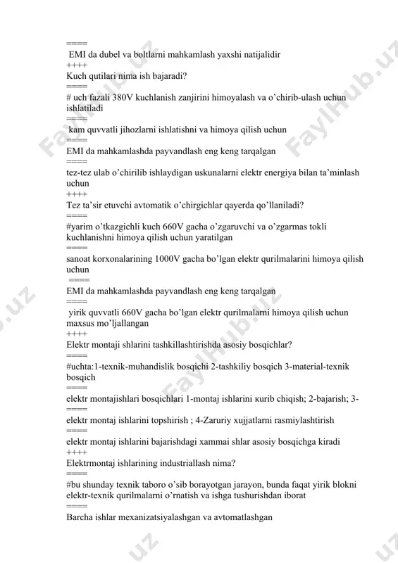 ya qiladi ==== elektr qurilma va jihozlar izolyatsiyalarini jaroxatlanmasligiga xizmat qilandi ==== hamma javoblar to’g’ri ++++ elektrmontaj mahkam narsalari nimadan iborat? ==== #jarayonlarni qo’llashni talab qiladigan mahkamlash usullari va mahkamlash narsalarini qo’llash ==== emi da mahkamlashda payvandlash eng keng tarqalgan ==== emi da dubel va boltlarni mahkamlash yaxshi natijalidir ==== hamma javob to’g’ri ++++ tez ta’sir etuvchi avtomatik o’chirgichlar qayerda qo’llaniladi? ==== # yarim o’tkazgichli kuch 660v gacha o’zgaruvchi va o’zgarmas tokli kuchlanishni himoya qilish uchun yaratilgan ==== sanoat korxonalarining 1000v gacha bo’lgan elektr qurilmalarini himoya qilish uchun ==== yirik quvvatli 660v gacha bo’lgan elektr qurilmalarni himoya qilish uchun maxsus mo’ljallangan ==== hamma javoblar to’g’ri ++++ havodagi elektr uzatish liniyalarining asosiy konstruktiv elementlariga nimalar kiradi? ==== #o’tkazgichlar, tayanchlar, troslar, izolyatorlar va uzatish liniyasi armaturasi. ==== o’tkazgichlar, troslar, izolyatorlar va uzatish liniyasi armaturasi ==== tayanchlar, troslar, izolyatorlar va uzatish liniyasi armaturasi ==== troslar, izolyatorlar va uzatish liniyasi armaturasi ++++ havodagi elektr …