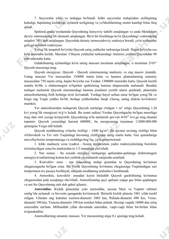 arkaziy va eng massiv jismidir. uning massasi yer massasidan 330000 marta katta va hamma planetalarning umumiy massasidan 750 marta ortiq, hajmi bo'yicha esa yerdan 1300000 marotaba katta. quyosh kuchli manba bo'lib, u elektromagnit to'lqinlari spektrining hamma diapazonida nurlanadi. bundan tashqari nurlanish quyosh sistemasidagi hamma jismlarni yoritib ularni qizdiradi, planetalar atmosferalarning fizik holatiga ta'sir ko'rsatadi. yerdagi hayot uchun zarur bo'lgan yorug’lik va bizga eng yaqin yulduz bo'lib, boshqa yulduzlardan farqli o'laroq, uning diskini ko'rishimiz mumkin. yer atmosferasidan tashqarida quyosh nurlariga o'ralgan 1 m2 sirtga quyoshning 1,36 kvt yorug’lik energiyasi to'g’ri keladi. bu sonni radiusi yerdan quyoshgacha bo'lgan masofaga teng shar sirti yuziga ko'paytirib, quyoshning to'la nurlanish quvvati 4•1023 kvt.ga teng ekanini topamiz. quyosh yuzasidagi harorat 60000с, bu energiyaning taxminan 1/2000.000.000 qismigina yerga etib keladi. quyosh moddasining o'rtacha zichligi - 1400 kg/m3. bu qiymat suvning zichligi bilan o'lchovdosh va yer sirti yaqinidagi havoning zichligidan ming marta katta. gaz qonunlariga muvofiq bosim temperaturaga …