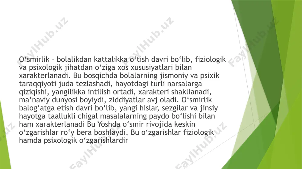 o‘ylab ko‘rishga uni majbur qilmoqchi bo‘lganlarida ham u bemalol rad javobini berishi va o‘z fikrida qat’iy turib himoya qilishi mumkin. bu davrda o‘zga kishilarning ichki dunyosiga ortiqcha qiziqish bilan qarash va o‘z xatti-harakatlarini o‘zi tahlil qilish, o‘z-o‘zini tarbiyalashning elementlarini yuzaga kelishi mana shu ikkinchi bosqichdagi o‘smirlar hayotiga xos xususiyatlardir. o‘smirlik davriga ko‘pincha so‘zga kirmaslik, o‘jarlik, tajanglik, o‘z kamchiliklarini tan olmaslik, urushqoqlik kabi salbiy xususiyatlar xosdir. o‘smirlar hayotda, ekranda va kitoblarda kattalarning mustaqilligini va erkinligini, ularning katta va qiziqarli ishlarini, dadil harakatlarini, qahramonliklarini, atrofdagilar orasidagi obro‘larini ko‘radilar hamda havas qiladilar.o‘smirda katta yoshli odam bo‘lishga yoki hech bo‘lmaganda katta yoshli odam bo‘lib ko‘rinishga qiziqish, intilish paydo bo‘ladi va bu xohishni amalga oshirish unga osondek bo‘lib ko‘rinadi. o‘smirlarning ehtiyojlari va imkoniyatlarining o‘zaro mos kelmasligi o‘smirlar bilan ota-onalari, o‘qituvchilari va boshqa murabbiylari o‘rtasida qarama-qarshilikni keltirib chiqaradi.o‘smir o‘zining juda ko‘p istaklari, «xohlayman»larini amalga oshirishga intiladi: katta yoshli odamlar ega bo‘lgan ham­ma narsalardan foydalanishga, erkin, mustaqil …