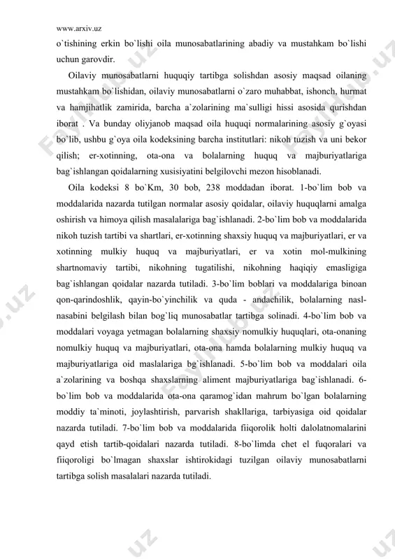 7-bo`lim bob va moddalarida fiiqorolik holti dalolatnomalarini qayd etish tartib-qoidalari nazarda tutiladi. 8-bo`limda chet el fuqoralari va fiiqoroligi bo`lmagan shaxslar ishtirokidagi tuzilgan oilaviy munosabatlarni tartibga solish masalalari nazarda tutiladi. mehnat huquqi. o`zbekiston respublikasi konstitutsiyasining 37-moddasiga muvofiq "har bir shaxs mehnat qilish, erkin kasb tanlash, adoltli mehnat sharoitlarida ishlash va qonunda ko`rsatilgan tartibda ishsizlikdan himoyalanish huquqiga ega". konstitutsiyaning 38-moddasiga muvofiq "yollanib ishlayotgan barcha fuqorolar dam olish huquqiga egadirlar. ish vaqti va haq to`lanadigan mehnat ta`tilining muddati qonun bilan belgilanadi". o`zbekiston konstitutsiyasida belgilangan ushbu asosiy huquqlar o`zbekiston respublikasining 1995 yil 21-dekabrda tasdiqlangan va 1996 yil 1-apreldan e`tiboran amalgam kiritilgan mehnat kodeksi normalarida va mehnat munosabatlarini tartibga solishga bag`ishlangan boshqa qonun hujjatlarida o`z aksini topgan. mehnat huquqi sohasining manbaini mehnat kodeksi bilan bir qatorda o`zbekiston qonunlari va oliy majlis qarorlari qoraqalpog`iston respublikasi qonunlari jo`qorg`i kenges qarorlari , o`zbekiston respublikasi hukumatining qarorlari, davlat hokimiyatining va boshqa vakillik hamda ijroiya organlarining o`z vakolatlari doirasida qabul …