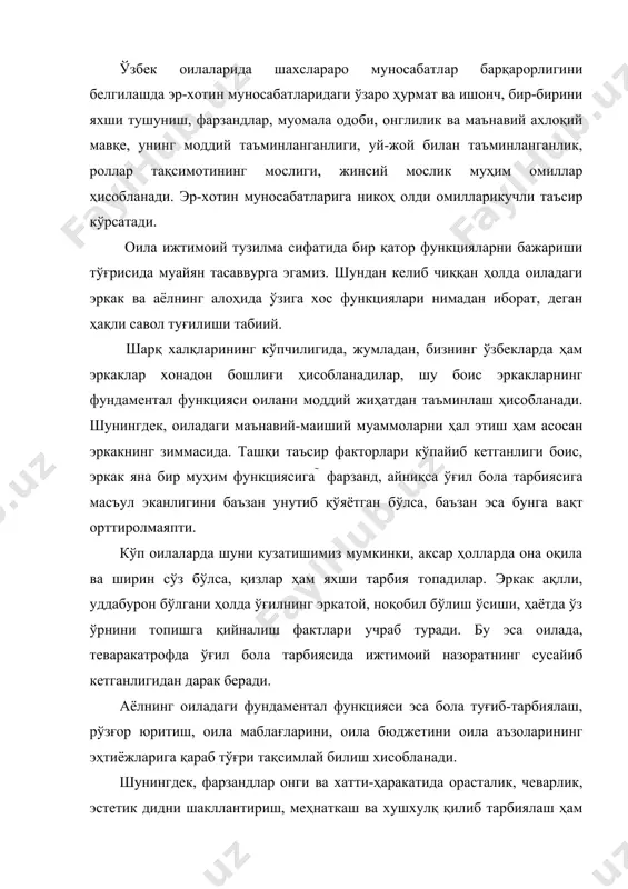 'minotining ma'lum qismi ayolning zimmasida. ota bolaning tarbiyasi bilan bevosita shug'ullanmay, balki ko'pincha ona tarbiya jarayonida ota shaxsidan foydalanar edi. masalan: onalarimiz «otangga aytaman», deb biz farzandlarni yomon ishdan qaytarar, «otangga qanday aytamiz?» deb qilgan ishimizning yomonlik darajasini anglatar va bu bilan bizga otamizning ta'sir kuchini oshirar edi. farzandini tarbiyalashda onaga otaning shaxsi, obro'yi qo'l kelar edi. ota esa tarbiya ja-rayoniga favqulodda holatlarda, yoki bolaning qilmishi «gazak» olganda bevosita aralashgan. bungacha bo'lgan jarayon ona orqali boshqarilar edi. bugun ham oilada otaning shu mavqeini yo'qotmaslik, millat, xalq va jamiyat taqdiriga befarq emasligimizni ko'rsatadi. bugun o'zbek ayoli oilada hukmronlikni da'vo qilmoqda. yangi kelinchaklar, yosh onalarning oilada gegemonlikka intilishi, o'z fikrini eriga o'tkazishga harakat qilishini normal holat deb bo'lmaydi. erini bolalari oldida izza qiluvchi, hatto bolalarini otasi aytganini bajarmaslikka undovchi ayollar, afsuski, ko'payib bormoqda. erkaklarning vazifalarini bajarishi barobarida ayolning xarakterida ham erkaklashuv belgilari yuzaga kelmoqda. dag'allashuv, hissizlik, hattoki, so'kinishga moyillik belgilari sezilmoqdaki, natijada …