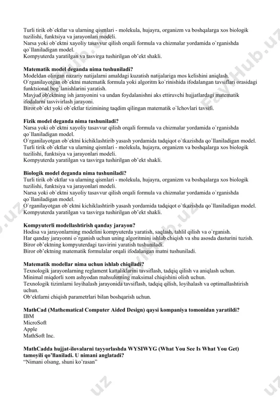 h chizmalarini hosil qilish. multfilmlar yaratish. fototasvirlarni taxrirlas va dizayn uchun. autocad dasturining analoglari (o‘xshashlari)ni ko’rsating. mathcad, matlab, 3dmax askon, t-flex cad 2d, matlab kompas, c++, mathcad kompas, askon, t-flex cad 2d model deganda nima tushuniladi? biror ob`ekt yoki ob`ektlar tizimining obrazi yoki namunasi tushuniladi. biror ob`ekt yoki ob`ektlar tizimining o`lchovi tushuniladi. biror ob`ekt yoki ob`ektlar tizimining taqdim qilingan o`lchovi tushuniladi. biror ob`ekt yoki ob`ektlar tizimining namoyish qilish nusxasi tushuniladi. modellashtirish deganda nima tushuniladi? ishlab chiqish jarayoni modelini akslantiruvchi hujjatlarni yaratish. mavjud ob'ektning ish jarayonini va undan foydalanishni aks ettiruvchi hujjatlarni yaratish jarayoni. biror ob`ektni ularning modellari yordamida tadqiq qilish, mavjud predmet va hodisalarning modellarini yasash va o`rganish tushuniladi. biror ob`ekt yoki ob`ektlar tizimining namoyish qilish nusxasini yaratish tushuniladi. modellarni tanlash vositalariga qarab ularni quyidagi guruhlarga ajratish mumkin: abstrakt (matematik), fizik va biologik. abstrakt (matematik) va biologik. abstrakt (matematik) va biologik. fizik va biologik. abstrakt (matematik) model deganda nima tushuniladi? …