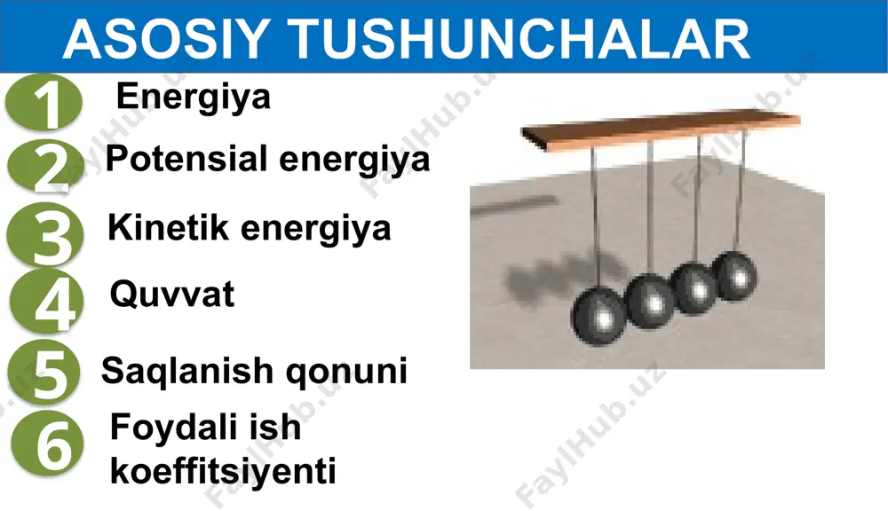 ati 1,8 mw va fik 70% ga teng bo‘lsa, tortish kuchi qanchaga teng bo‘ladi? masala chizmasi h 31-mashq (2) berilgan: = 1,8 m = 70 % = 0,7 topish kerak: formula: = t (1) (2) = 100% (3) va(2) = =100% (3) = 31-mashq (2) formula: = t yechish: (1) (2) = 100% (3) va (2) (3) javob: = (4) = = = 5040 n 5040 n kuch birligini keltirib chiqaramiz = = = = n mustaqil bajarish uchun topshiriqlar: darslikdan mavzu oxiridagi savollarga javob yozing. 31-mashqdagi qolgan masalalarni yeching. image1.png image2.gif image3.png image4.png image5.png image6.png image7.png image9.png image10.png image11.png image12.png image8.png image14.png image15.png image16.png image17.png image140.png image150.png image160.png image18.png image19.png image20.png image21.png image13.png image23.png image220.png image230.png image24.png image25.png image26.png image27.png image22.png image29.png image30.png image31.png image32.png image33.png image34.png image35.png image36.png image37.png image38.png image39.png image40.png image41.png image42.png image43.png image44.png image49.png image50.png image51.png image28.png